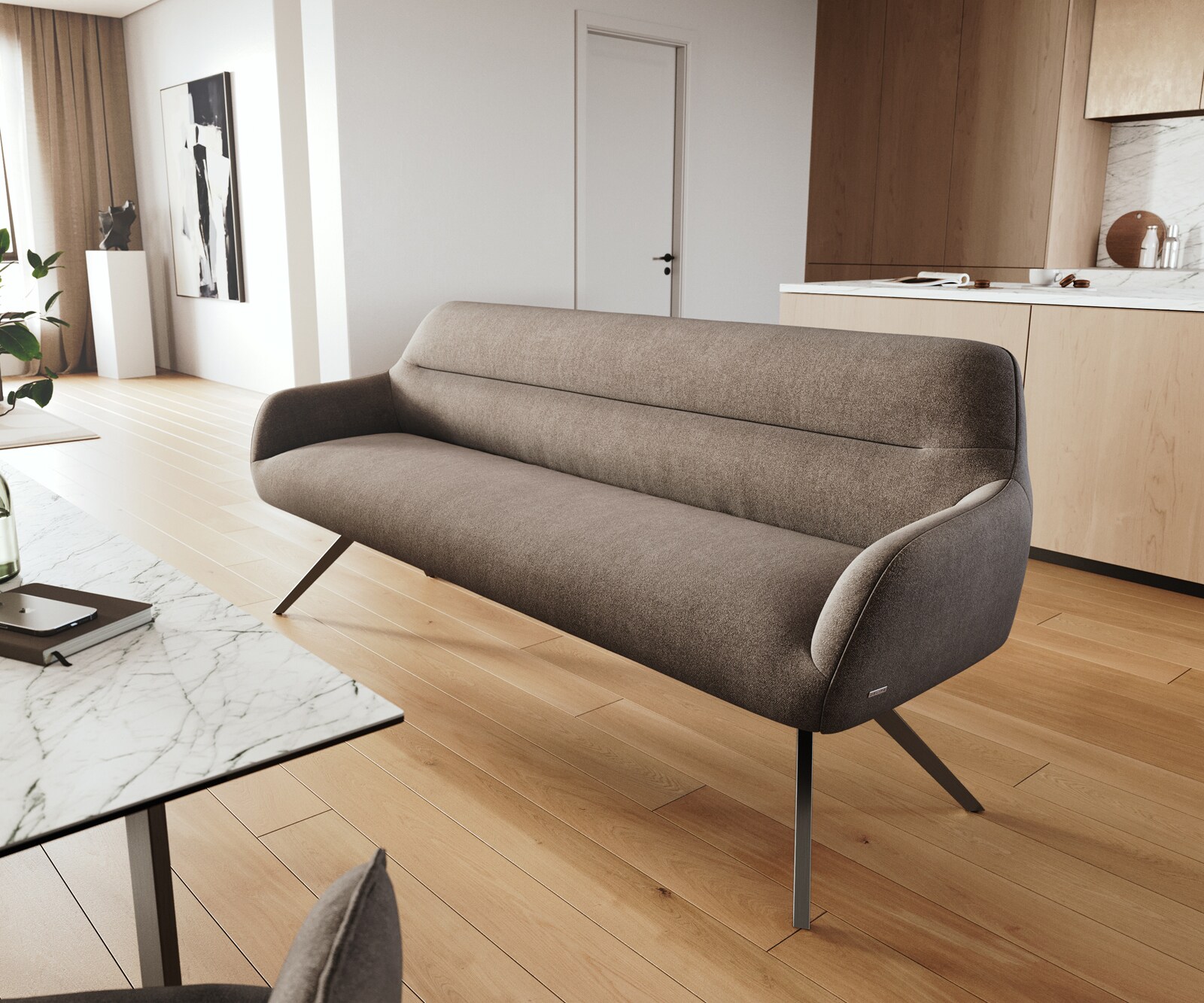 Eetkamerbank Taya-Flex 200 cm zachte stof met structuur taupe hoekig kruisframe grafiet pocketvering 1