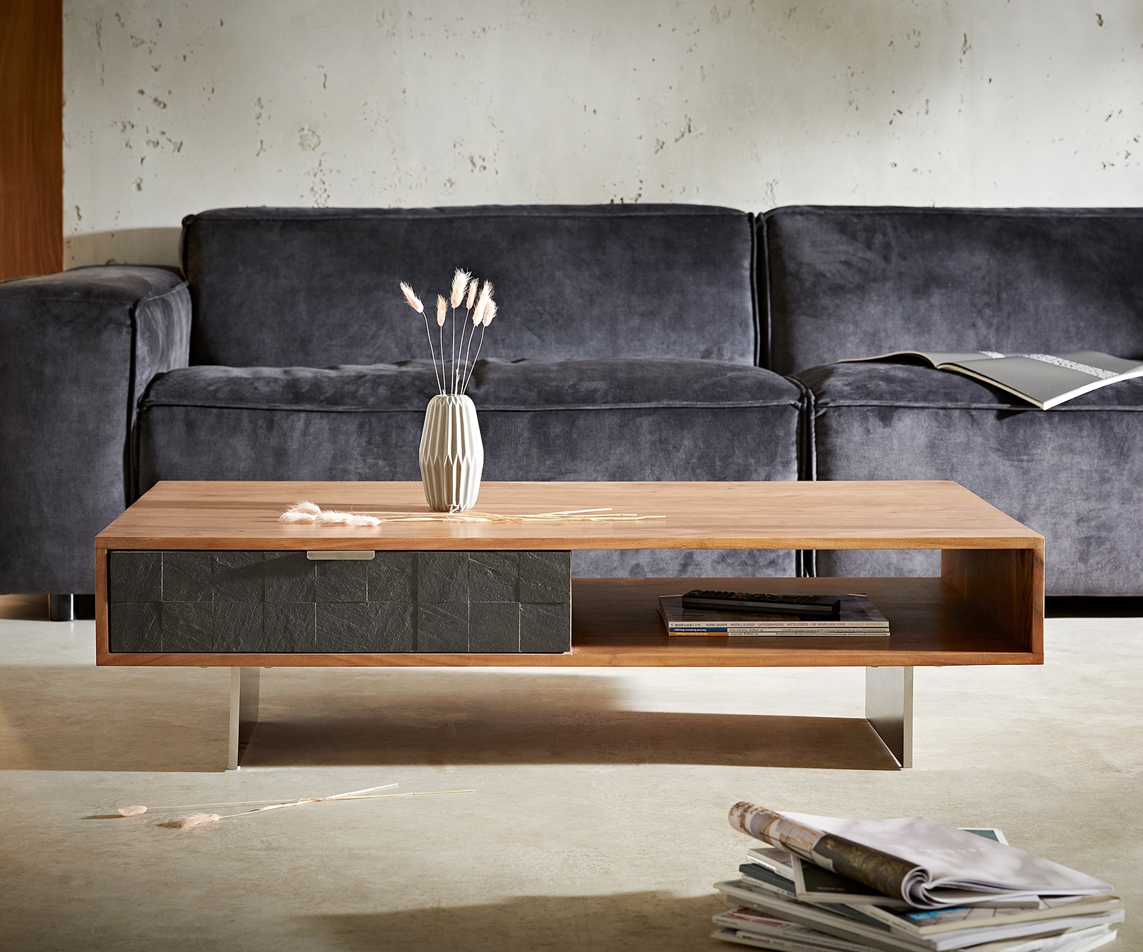 Salontafel Teele 115x60 cm Acacia natuurleisteen 2 laden zwevende roestvrijstalen frame 1 Salontafel Teele 115x60 cm Acacia natuurleisteen 2 laden zwevende roestvrijstalen frame 1