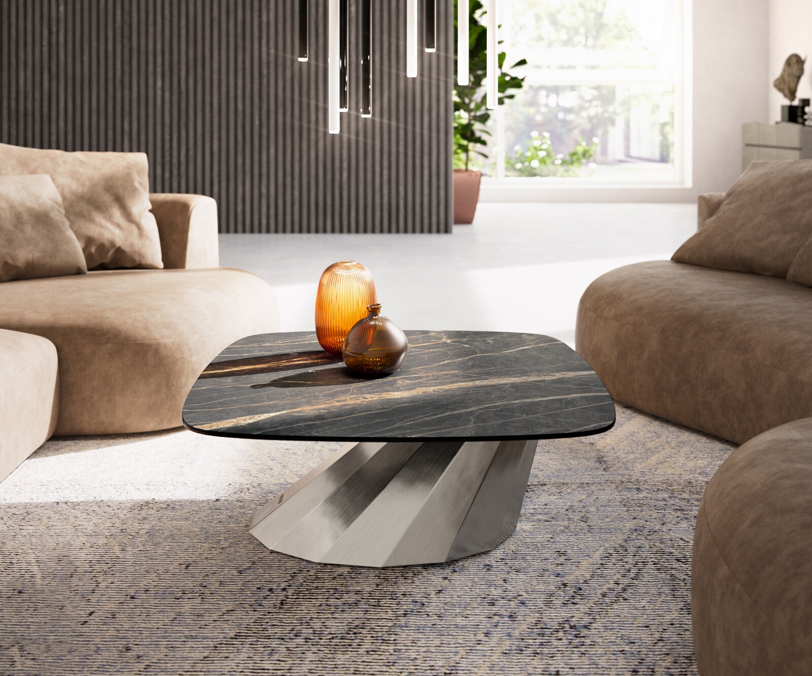 Salontafel Edge Boot 90x90 cm keramiek Laminam® Noir Desir bruin Parabi geborsteld roestvrij staal 2