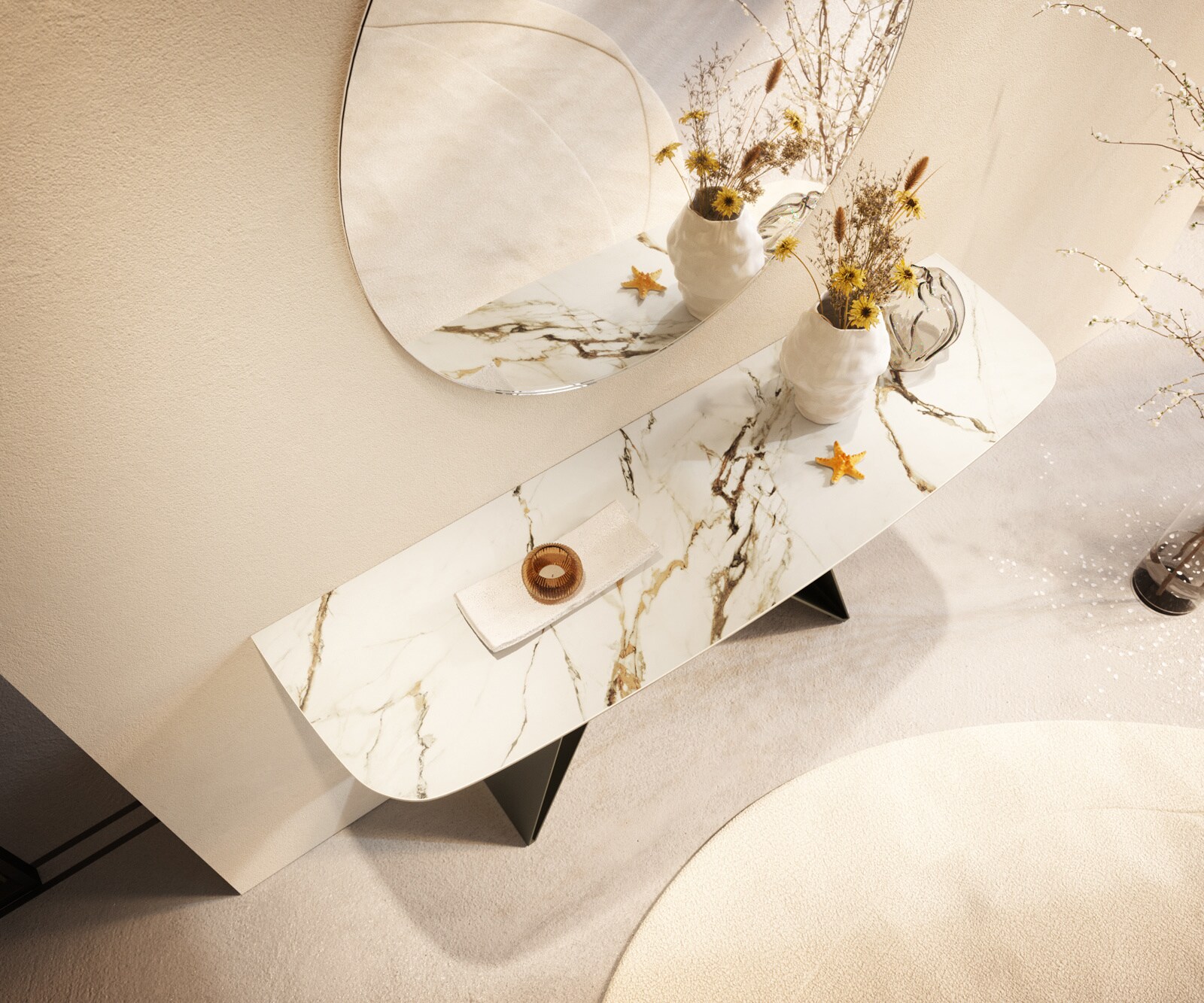 Consoletafel Edge Bootvorm 140x40 cm Keramiek Calacatta Luxe Weiß-Gold-Grijs Velio Metaal Effektfinish Titan 2