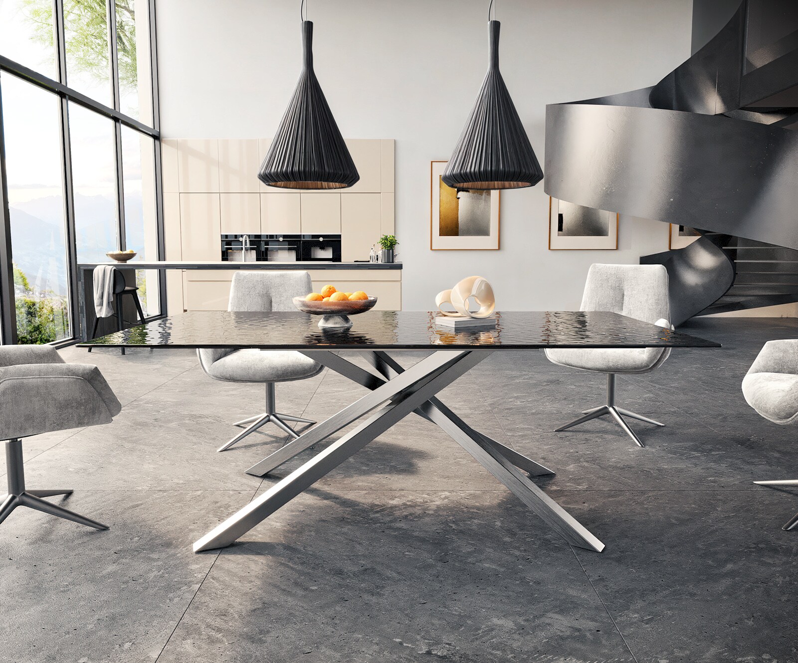 Eetkamertafel Edge 200x100 Glas smelten rokerig zwart 3D-Relief kruisframe rechthoek RVS 2