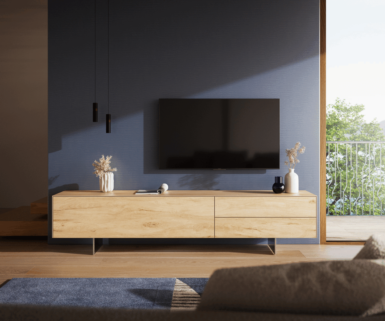 Tv-meubel Cuor 220 cm Keramiek Laminam® Sabbia Eiken gekleurd 1 Flap 2 Laden Zwevende voet look Roestvrij staal 2