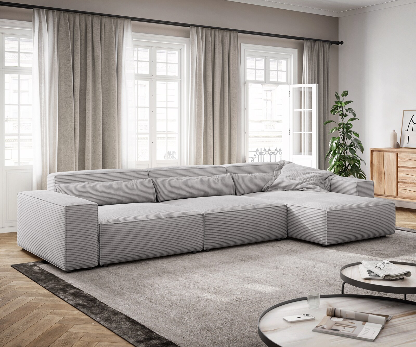 Hoekbank Sirpio XL 370x170 cm koord zilvergrijs recamiere variabele
