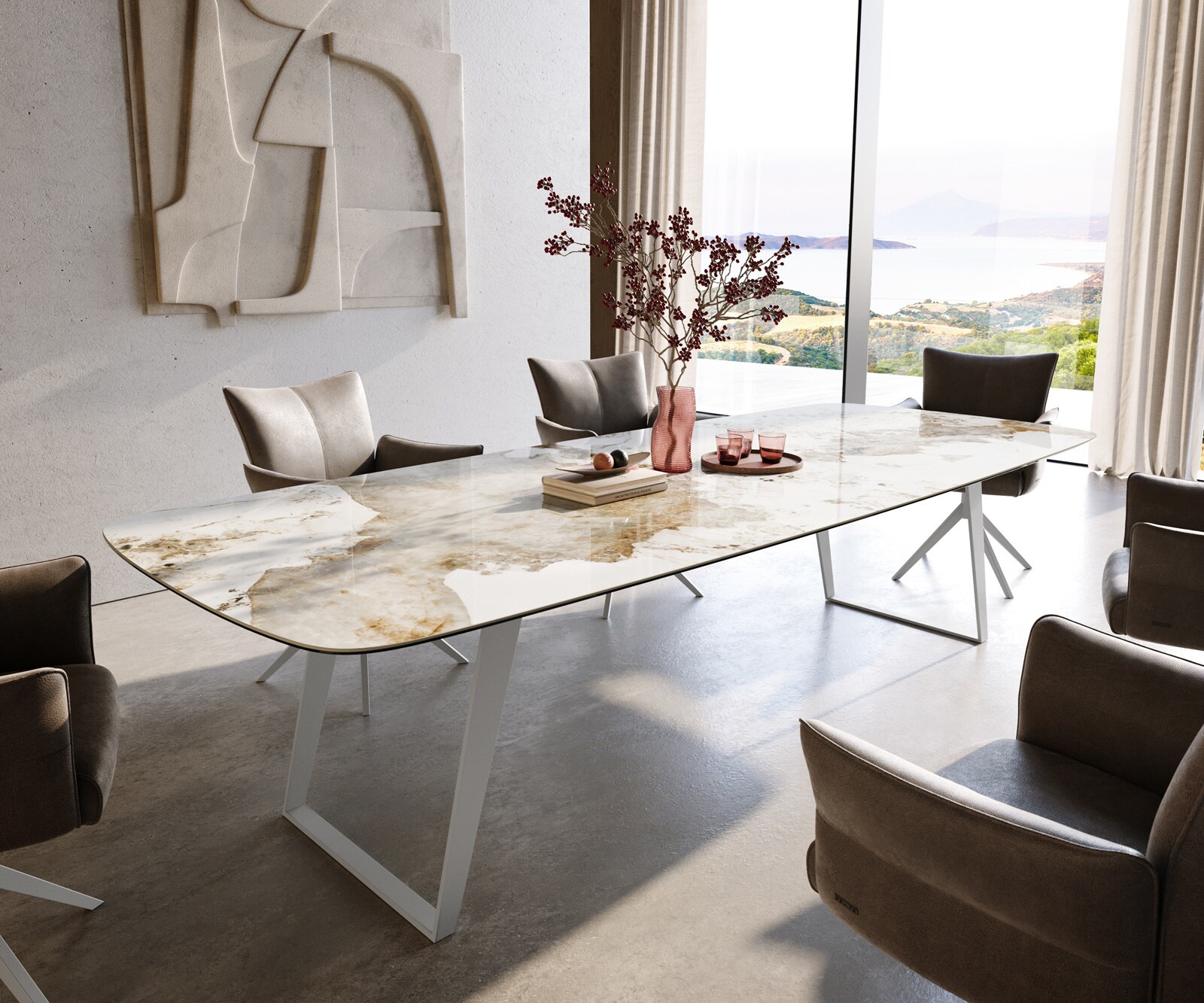 Eettafel Edge Boot 300x120 cm Keramiek Minas Melange Wit-Beige Metaal Schräg Wit 1