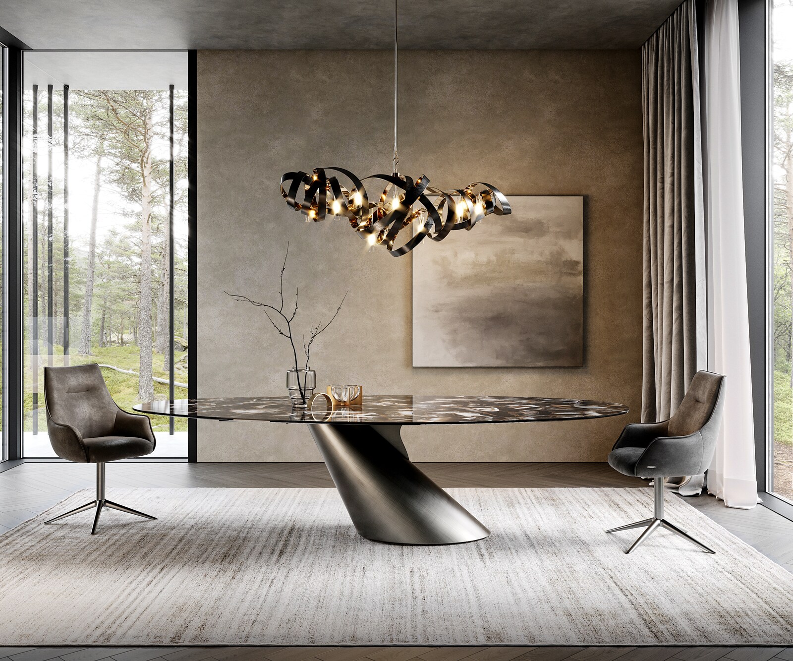Eettafel Edge Oval 280x130 keramiek  Iris FMG Agatablack Cono metaal zilver
