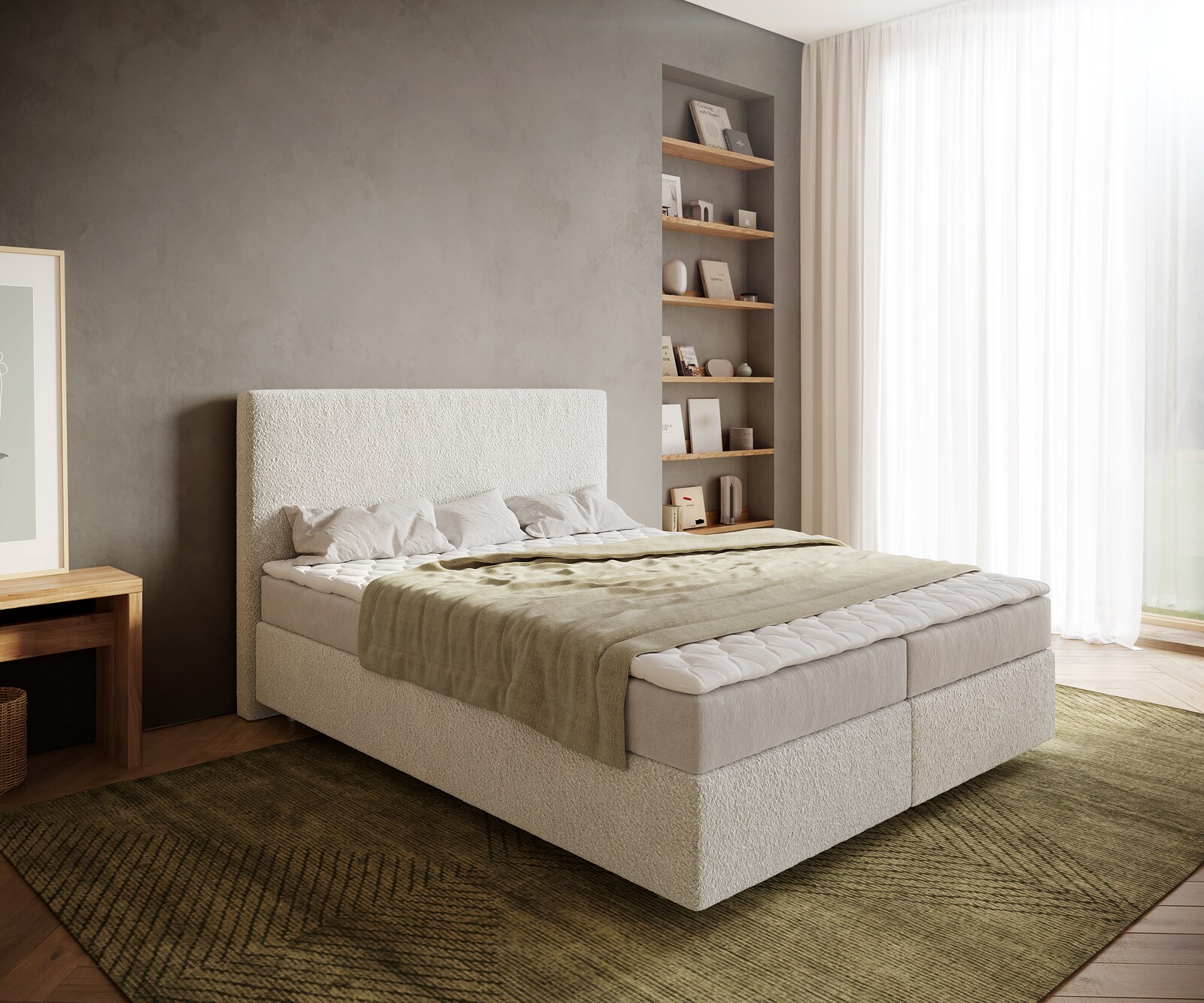 Boxspringbed Dream-Well 160x200 cm Bouclé Crème-Wit met Matras en Topper Boxspringbed Dream-Well 160x200 cm Bouclé Crème-Wit met Matras en Topper