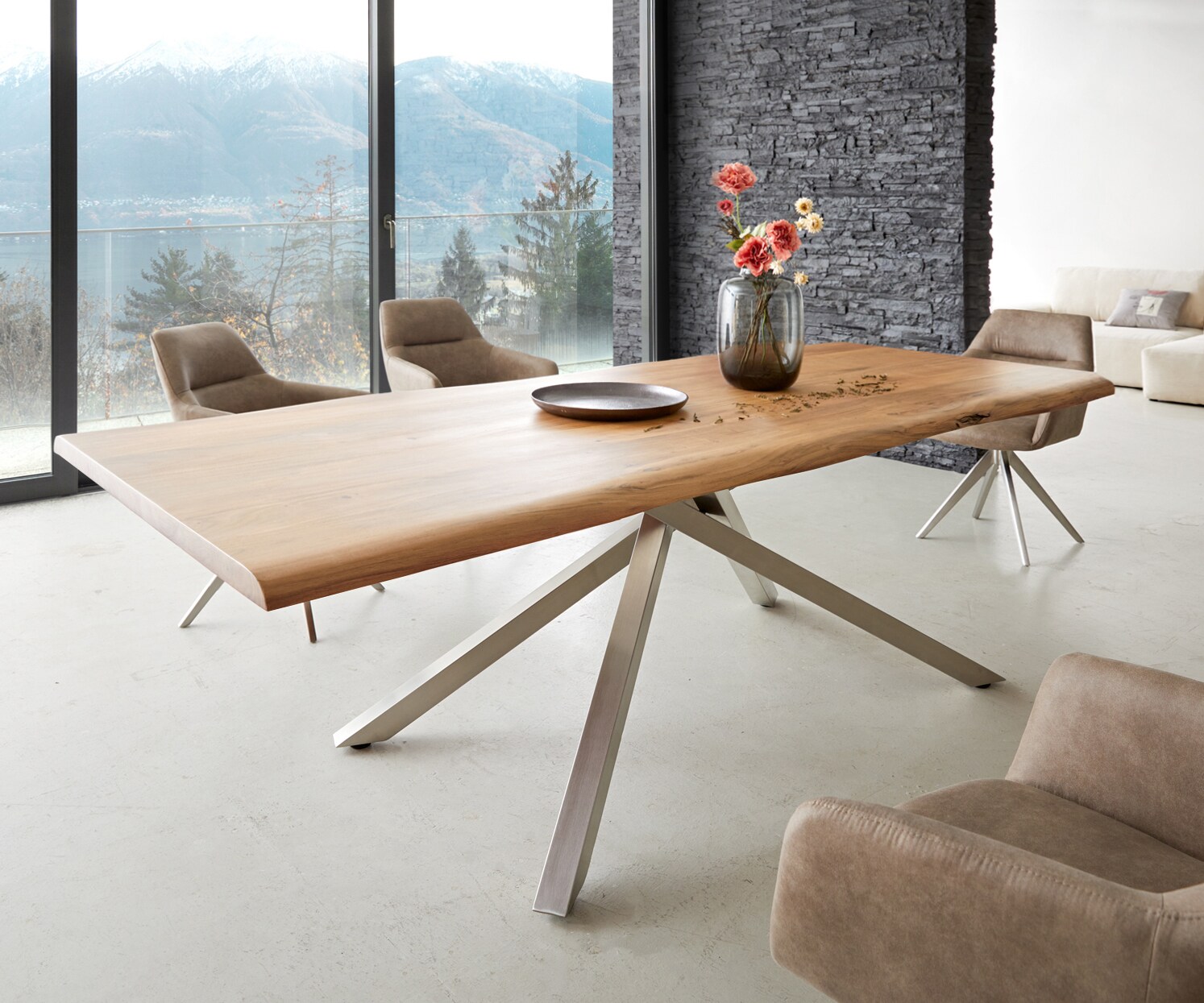 Eettafel Edge 240x100 acacia natuur kruisframe rechthoek roestvrij staal  Live-Edge