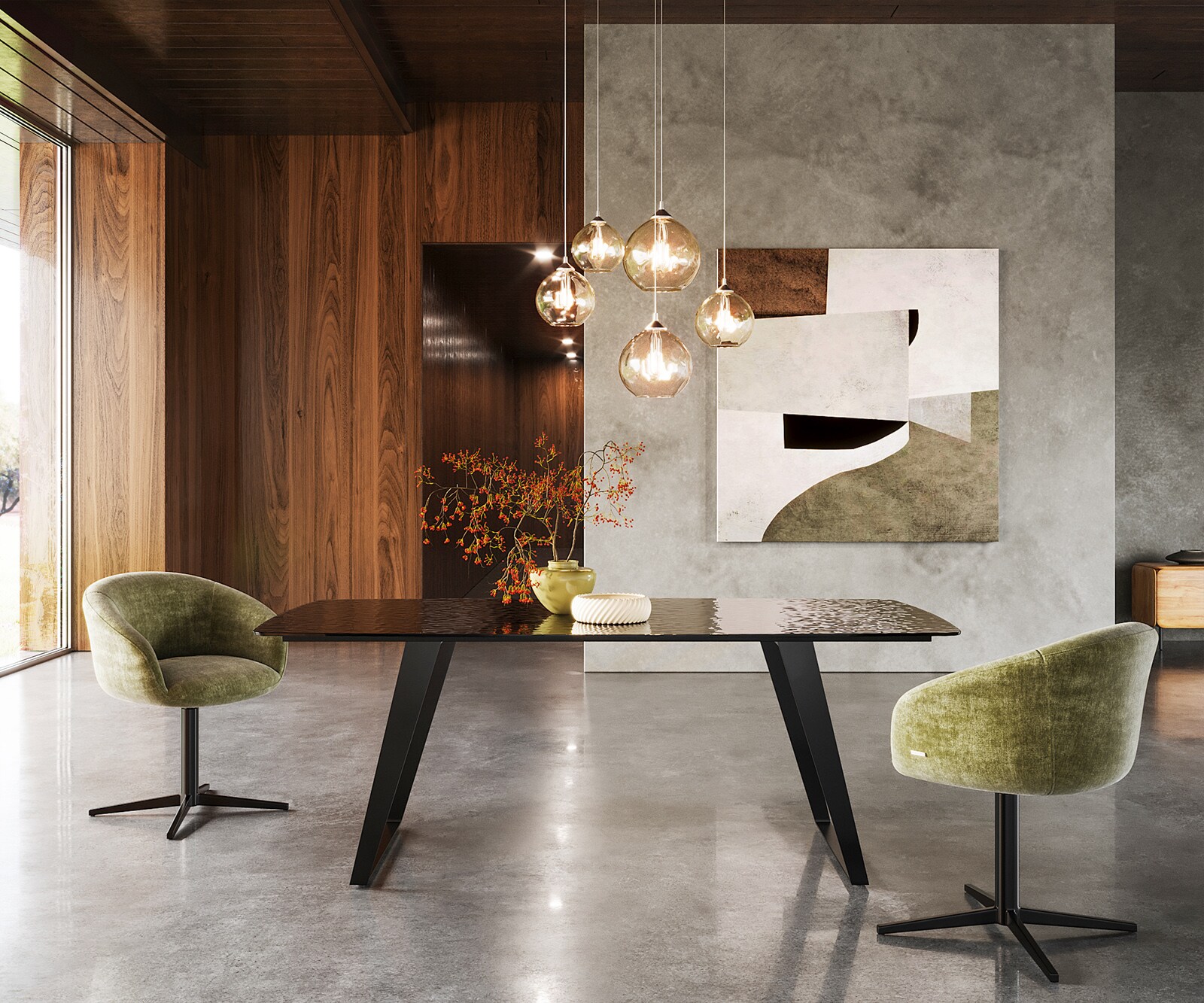 Eettafel Edge Boot 200x100 Reliefglas zwart 3D-Design metaal schuin zwart 2
