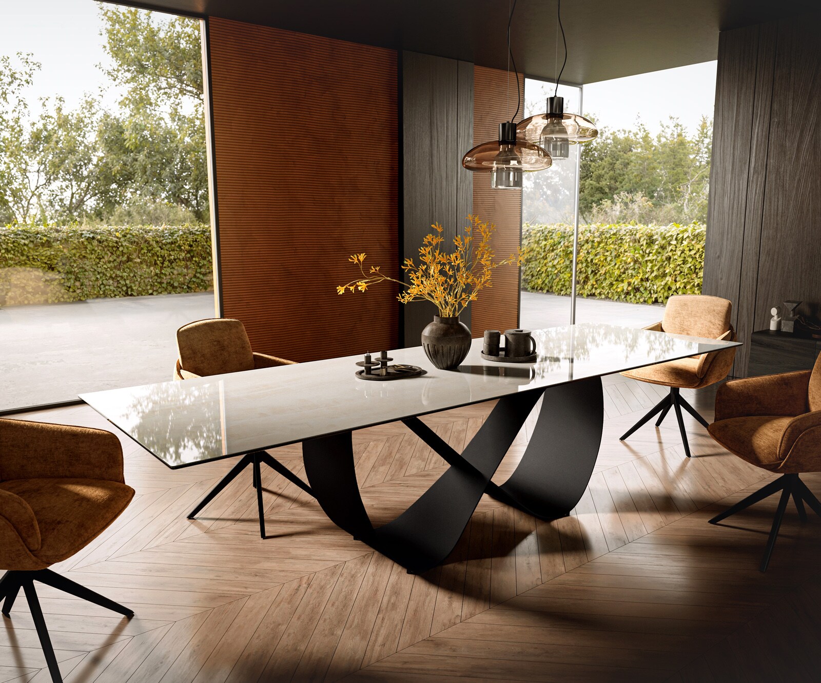 Eettafel Edge 300x100 cm keramiek Onyx Champagne Infinity metaal zwart