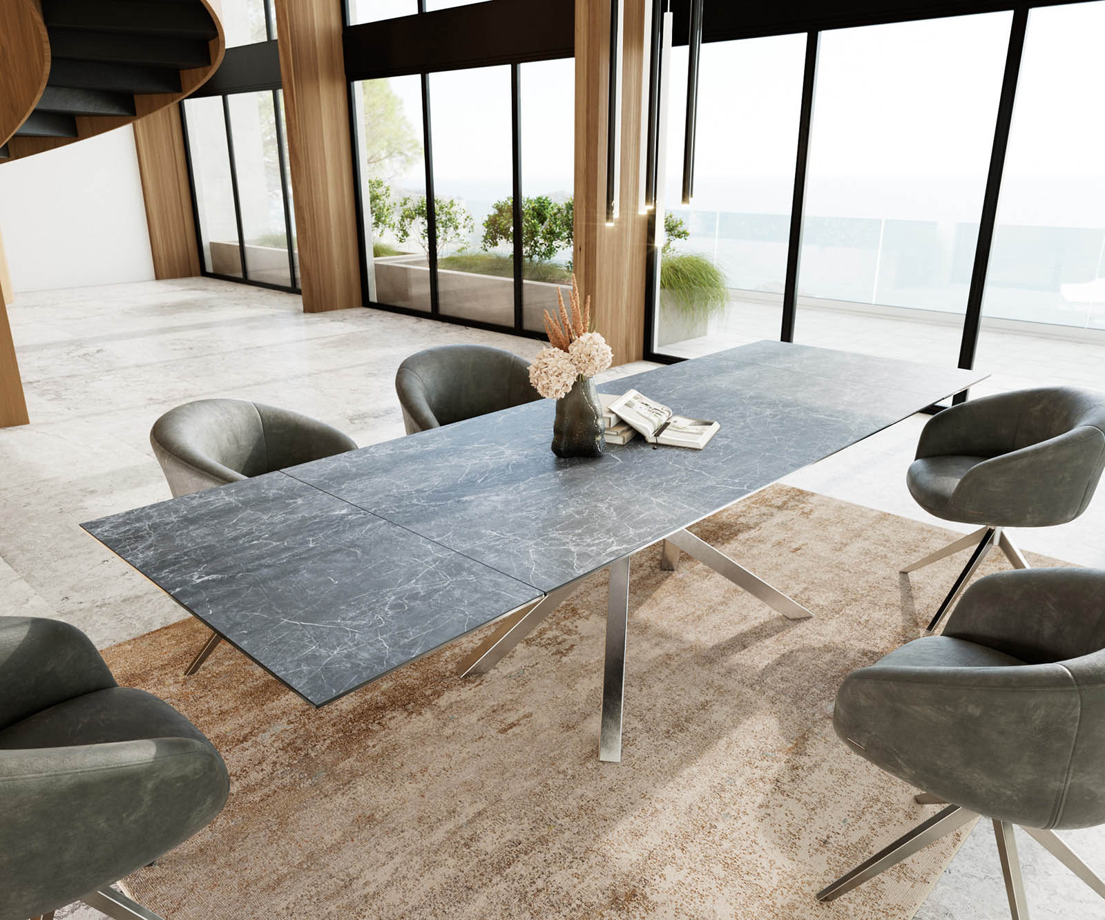 Eetkamertafel Edge 200-300x100 keramiek Laminam®Nero Greco grijs kruisframe rechthoek RVS uitschuifbaar 1