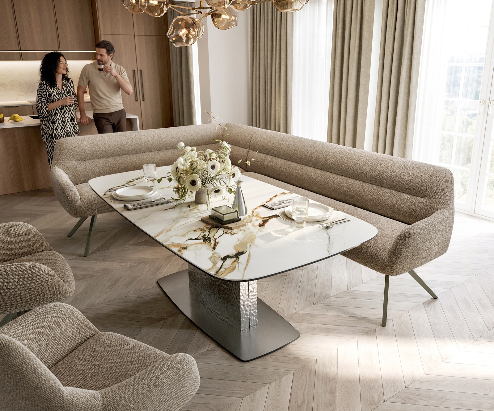 Eetkamerbank Taya-Flex 285x190 cm bouclé mud hoekig kruisframe afwerking met titaniumeffect pocketvering rechts 1