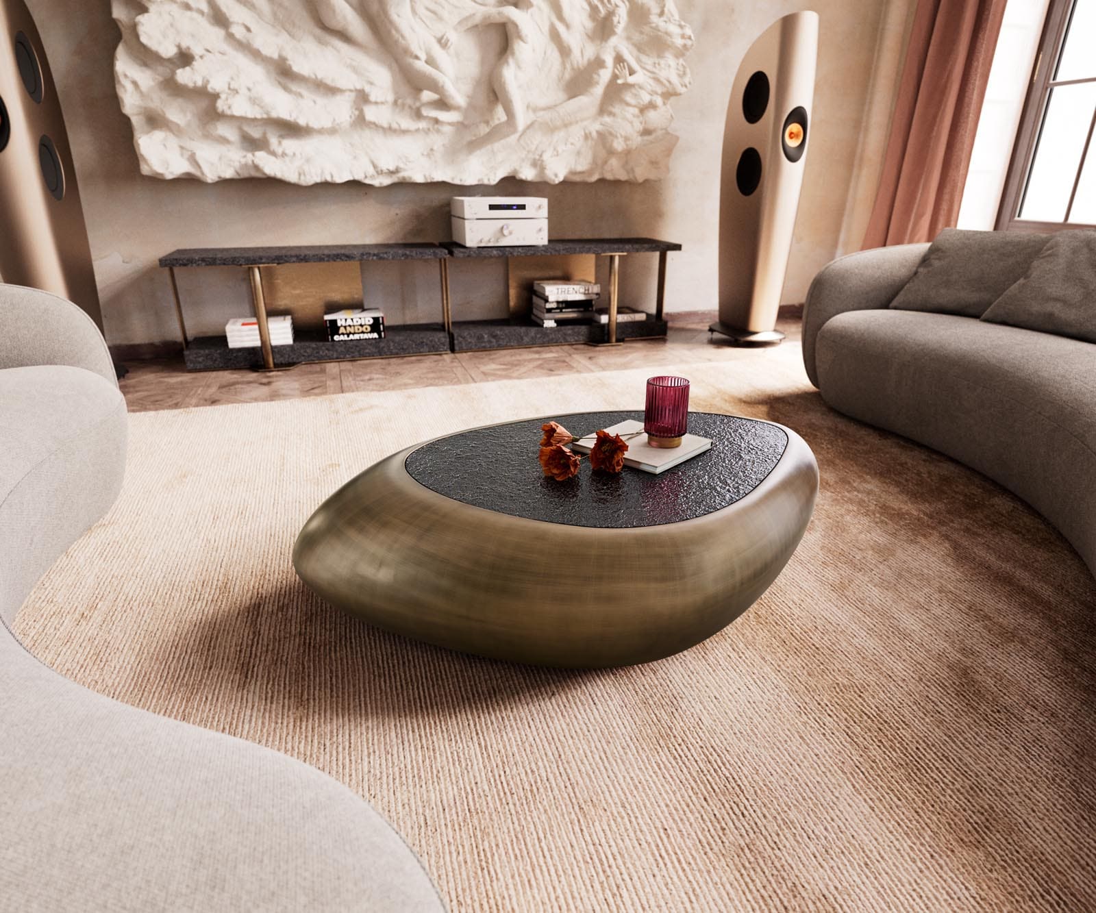 Salontafel Sagana 120x80 cm goud-metallic met reliëfglas taupe Salontafel Sagana 120x80 cm goud-metallic met reliëfglas taupe