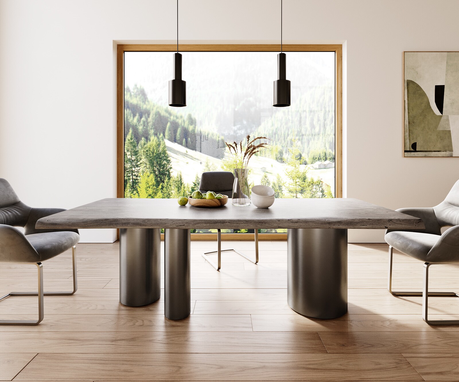 Eetkamertafel Edge 220x100 XL acacia platina Troa roestvrij staal grafiet Live-Edge 2