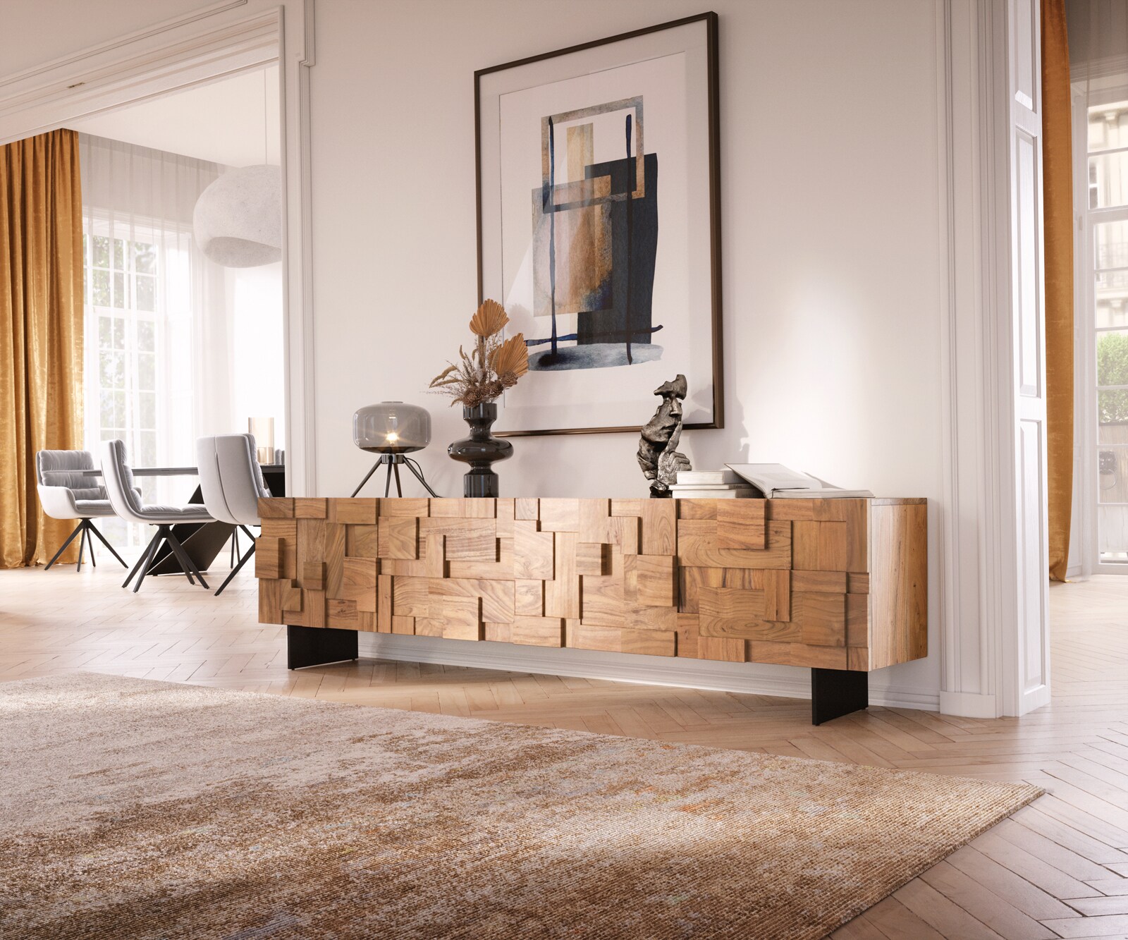 Tv-meubel Puzzle 220 cm acacia natuur 4 deuren poot zwevend metaal zwart