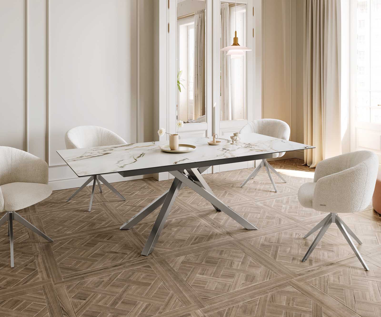 Eetkamertafel Edge 180-220x100 keramiek Calacatta Luxe wit-goud-grijs kruisframe rechthoek RVS uitschuifbaar 8