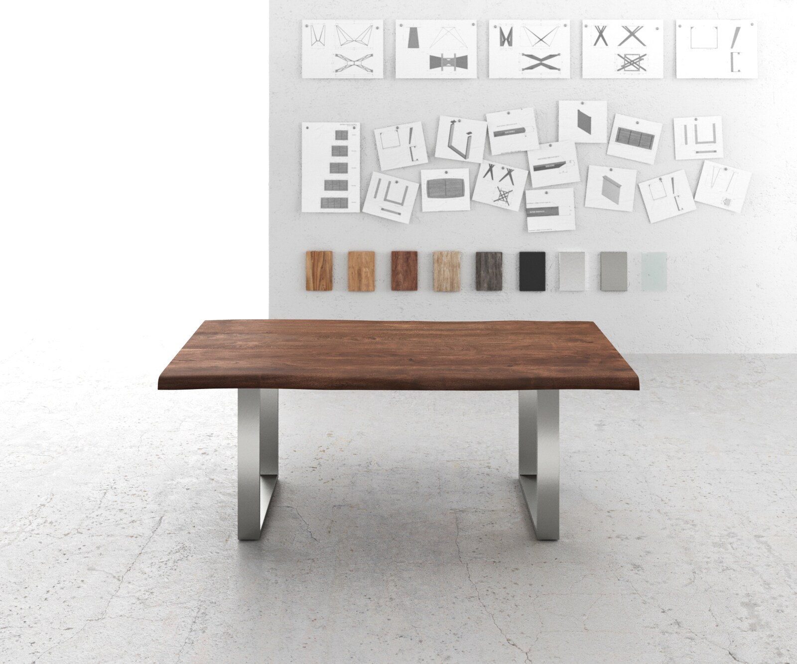 Eettafel Edge 200x100 XL acacia bruin roestvrijstaal smal Live-Edge 1