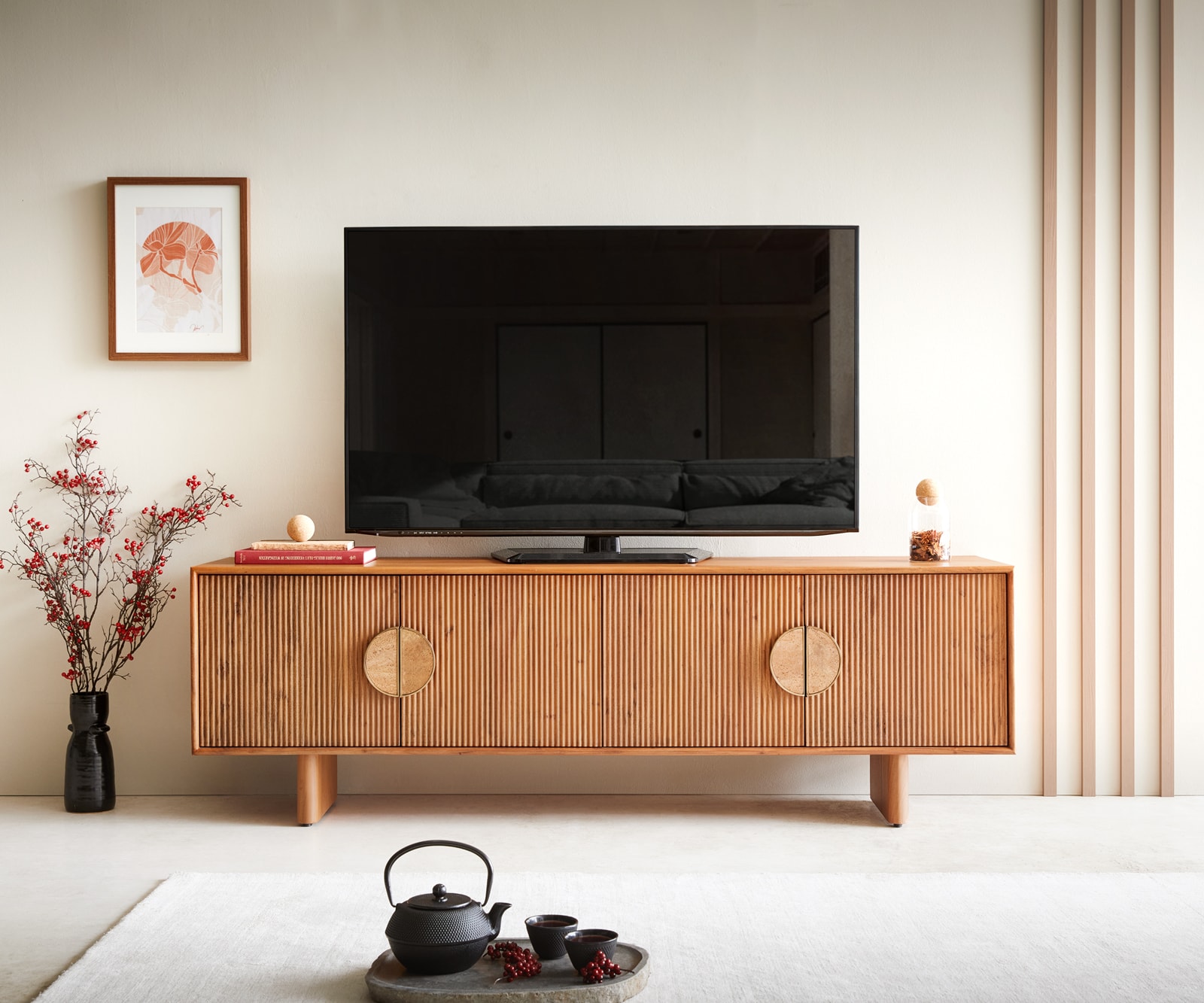 Tv-meubel Surimu 175 cm acacia lichtbruin 4 deuren kurkgreep houten poten 6 Tv-meubel Surimu 175 cm acacia lichtbruin 4 deuren kurkgreep houten poten 6
