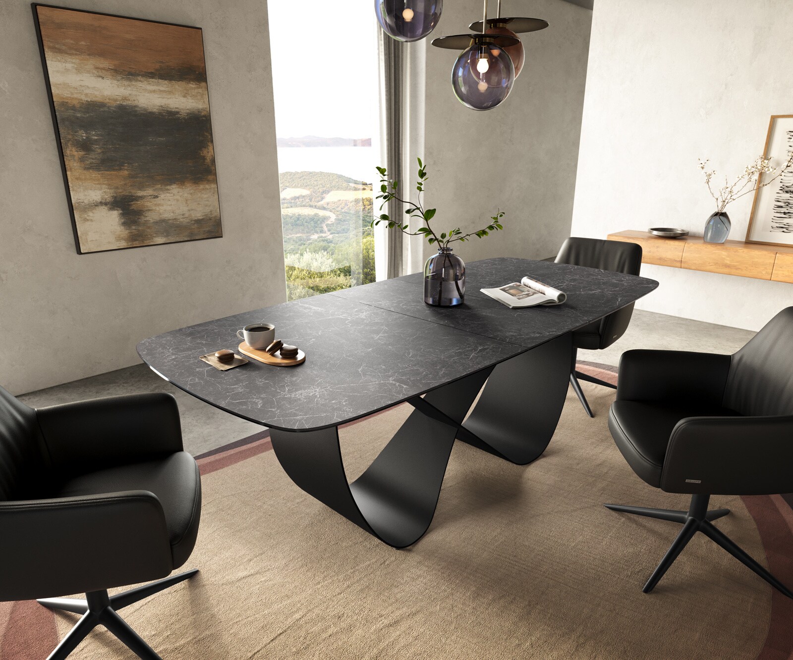 Eettafel Edge Boot 180-220x100 cm Keramiek Laminam® Nero Greco Anthrazit Infinity Metaal Zwart uitschuifbaar 1