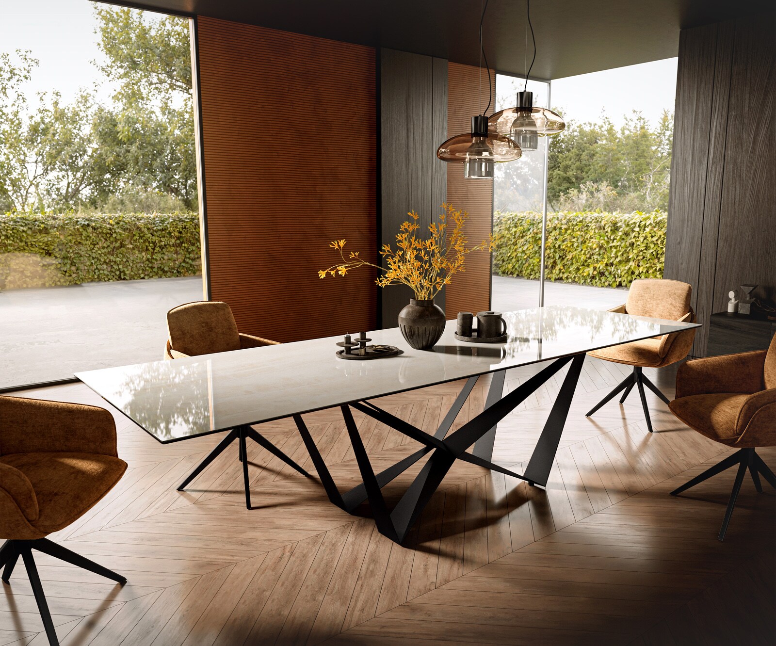 Eettafel Edge 300x100 cm keramiek Onyx Champagne Spider platstaal zwart