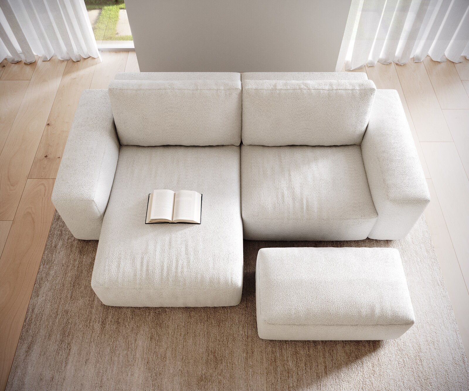Hoeksofa Lanzo 230x155 cm bouclé crème-wit met variabele recamière en hocker 3