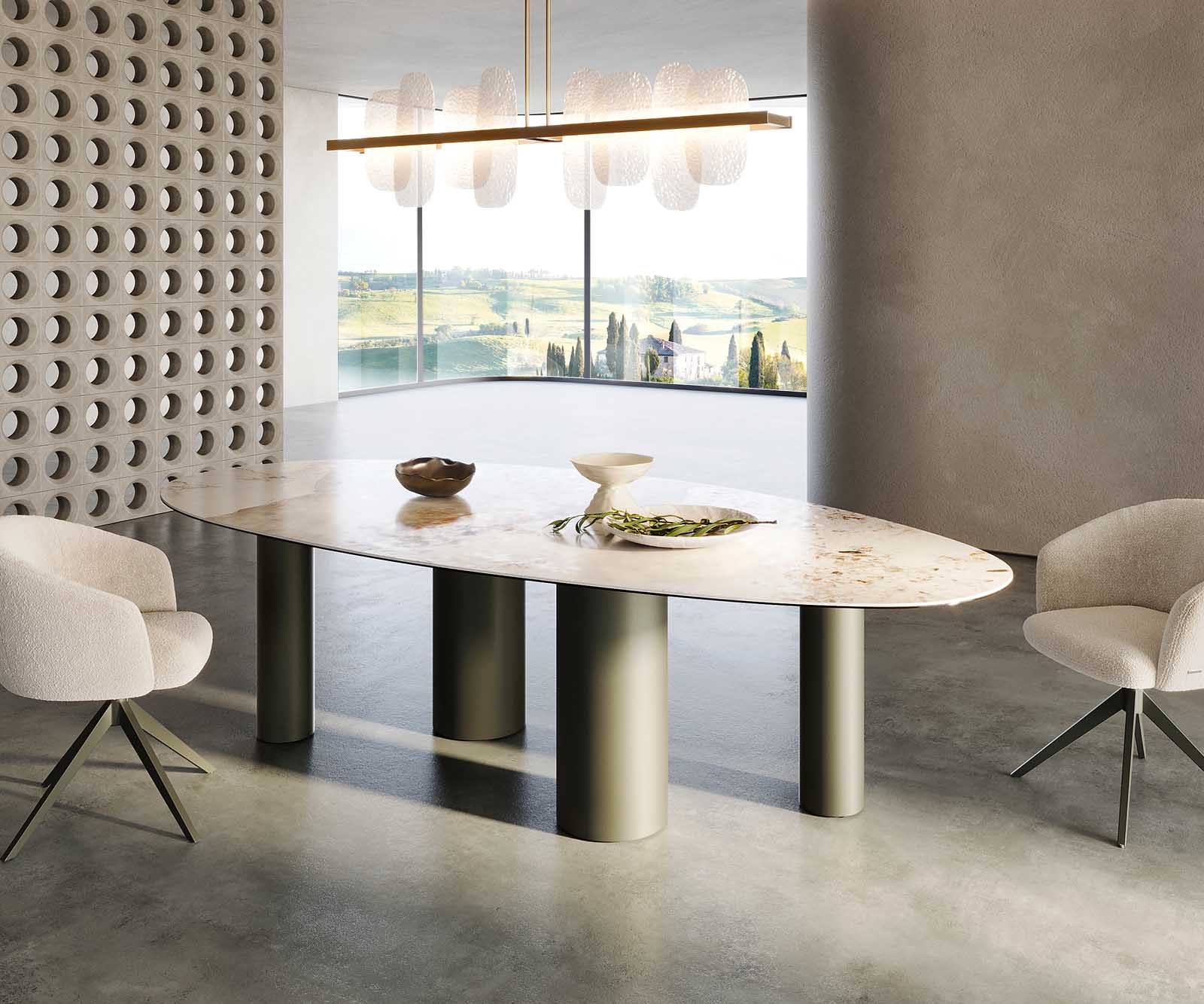 Eettafel Edge ovaal 280x130 keramiek Minas Melange wit-beige pilier metaal effect afwerking titanium 7