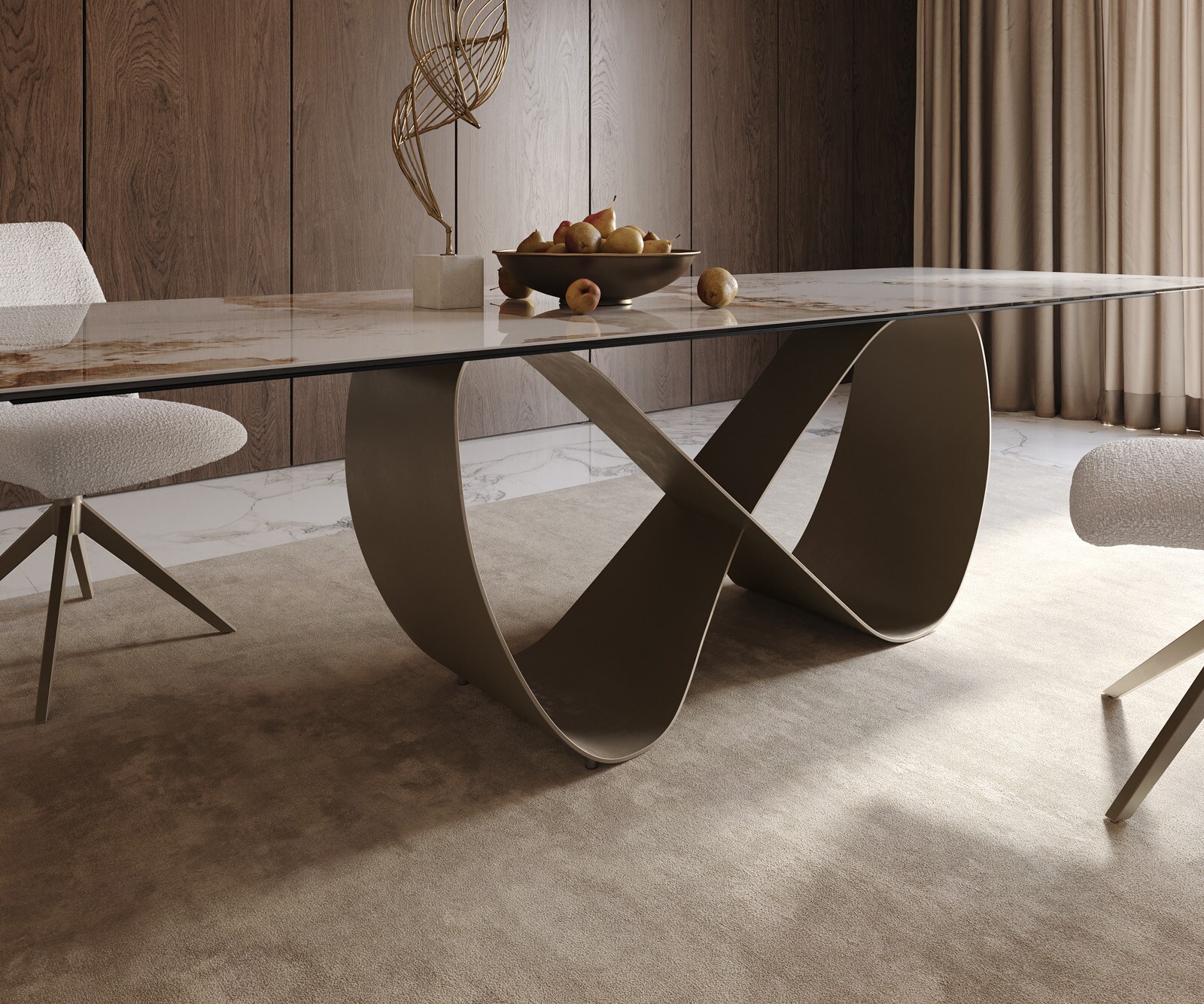 Eettafel Edge 300x100cm keramiek Minas Melange wit-beige Infinity metaal effect afwerking titanium 7