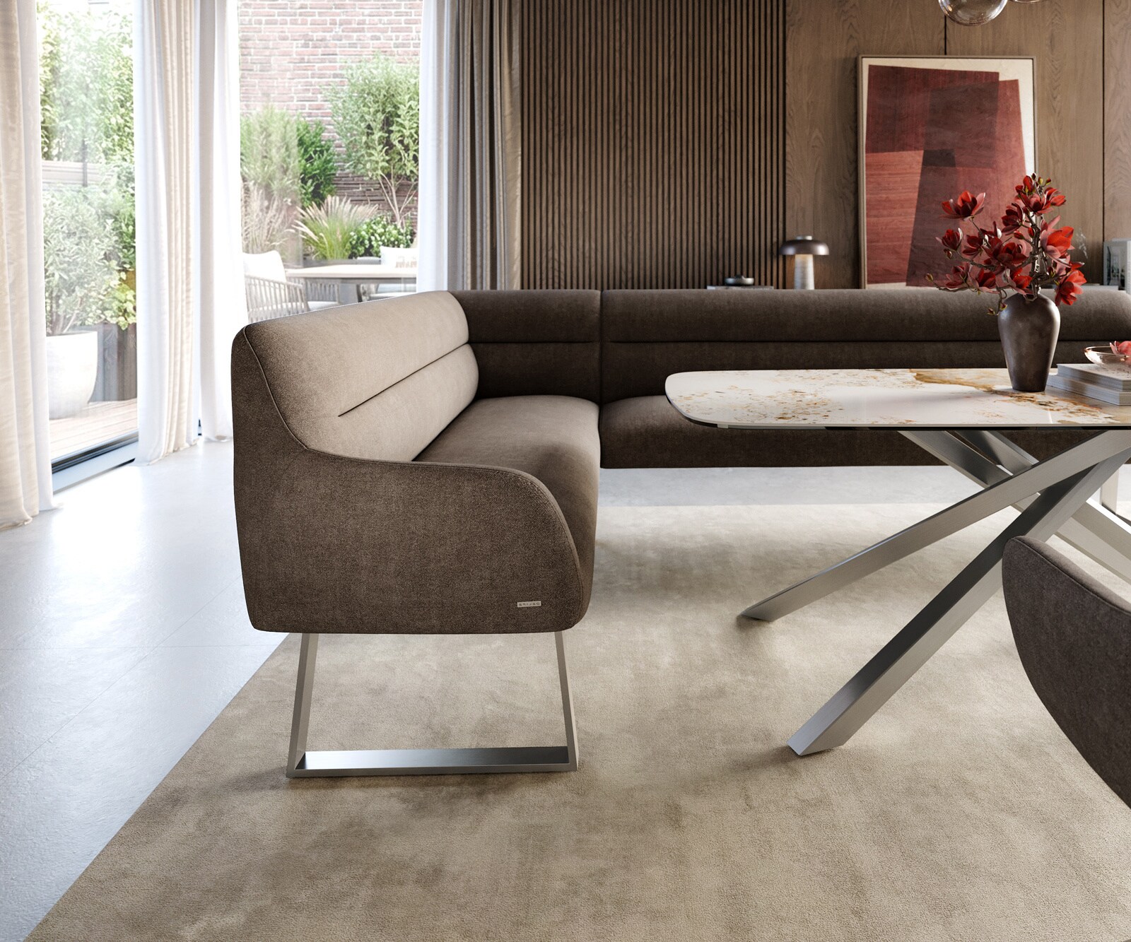 Eetkamerbank Taya-Flex 285x190 cm zachte stof met structuur taupe gekant sledeframe roestvrij staal pocketvering rechts 5