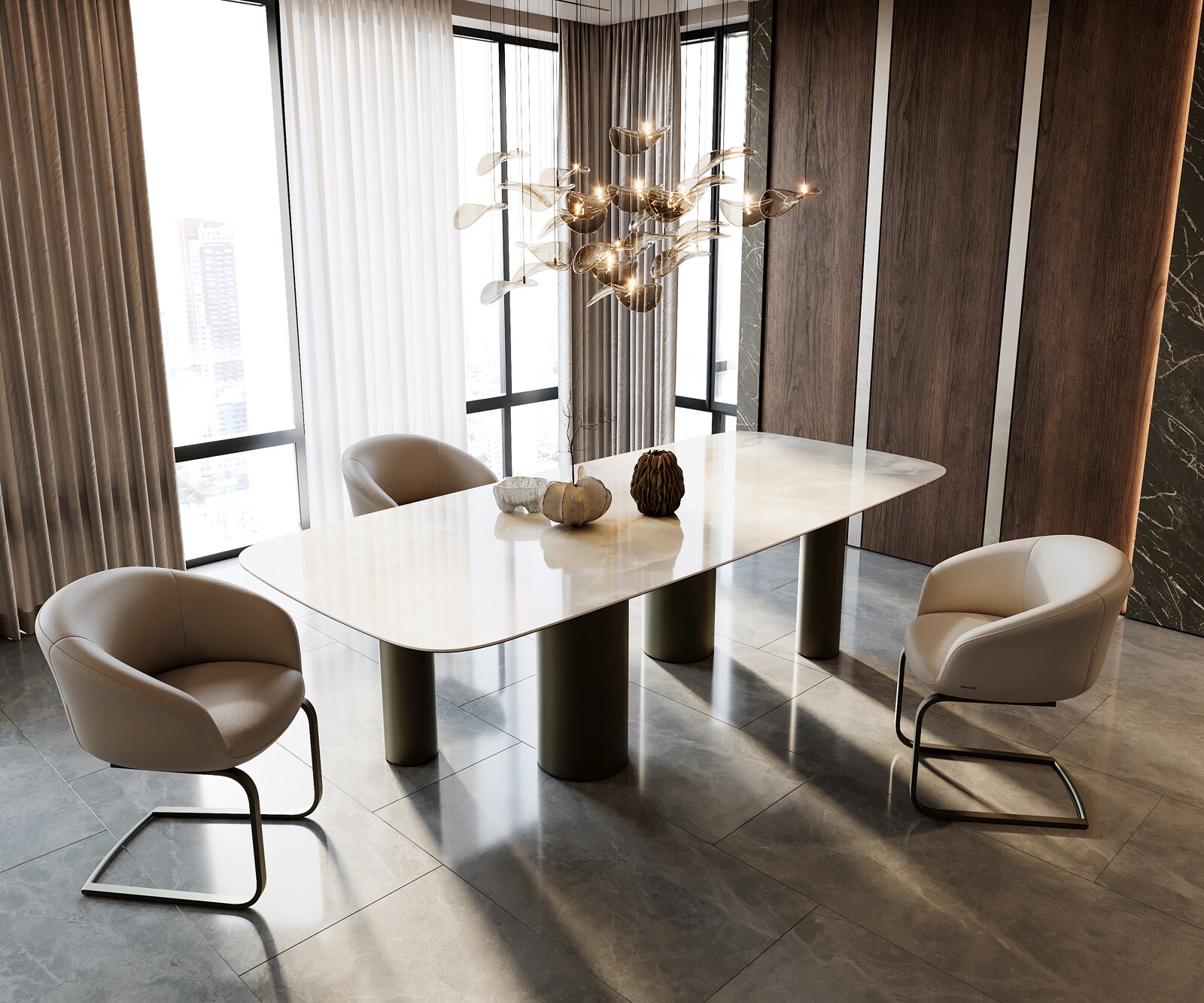 Eetkamertafel Edge Boot 270x120 keramiek Iris FMG Onice Grigio Pilier metaal effectafwerking titaan 7
