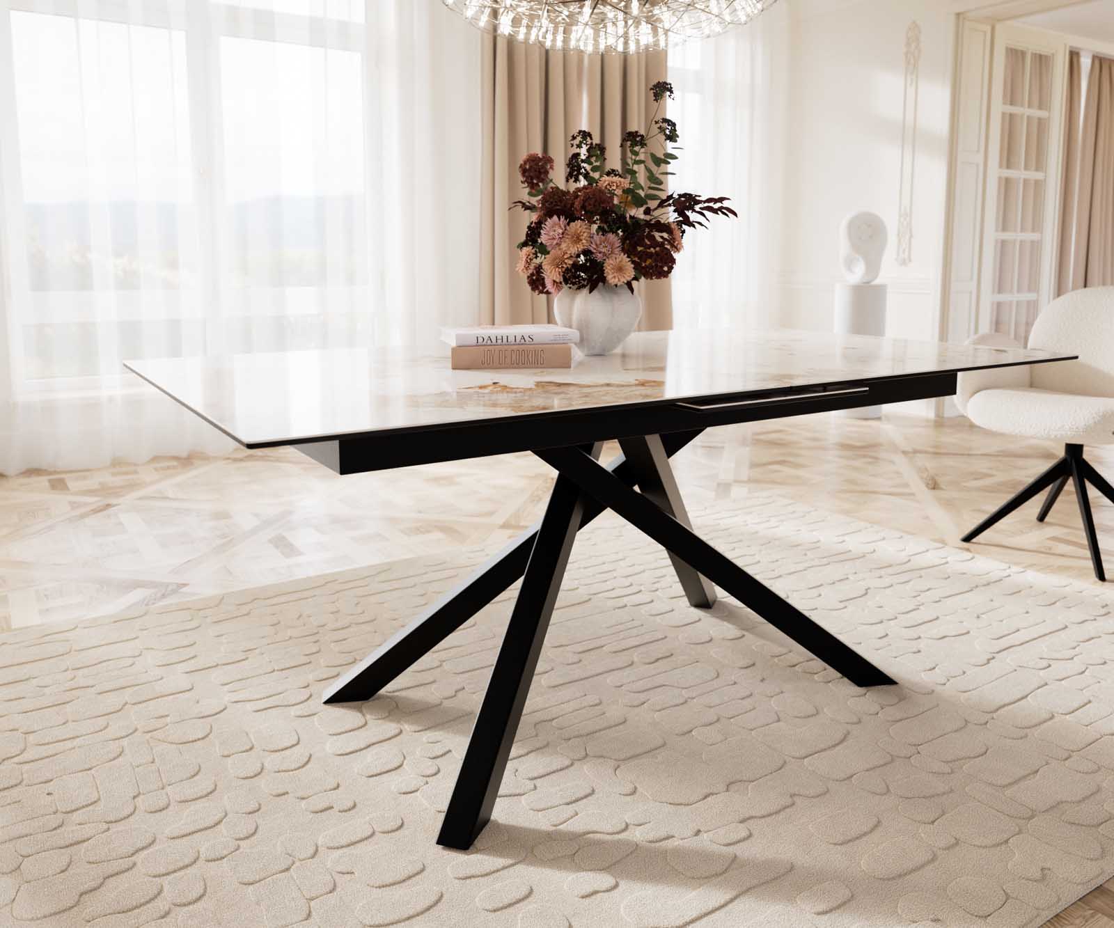 Eetkamertafel Edge 180-220x100 keramiek Minas Melange wit-beige kruisframe rechthoek zwart uitschuifbaar 6