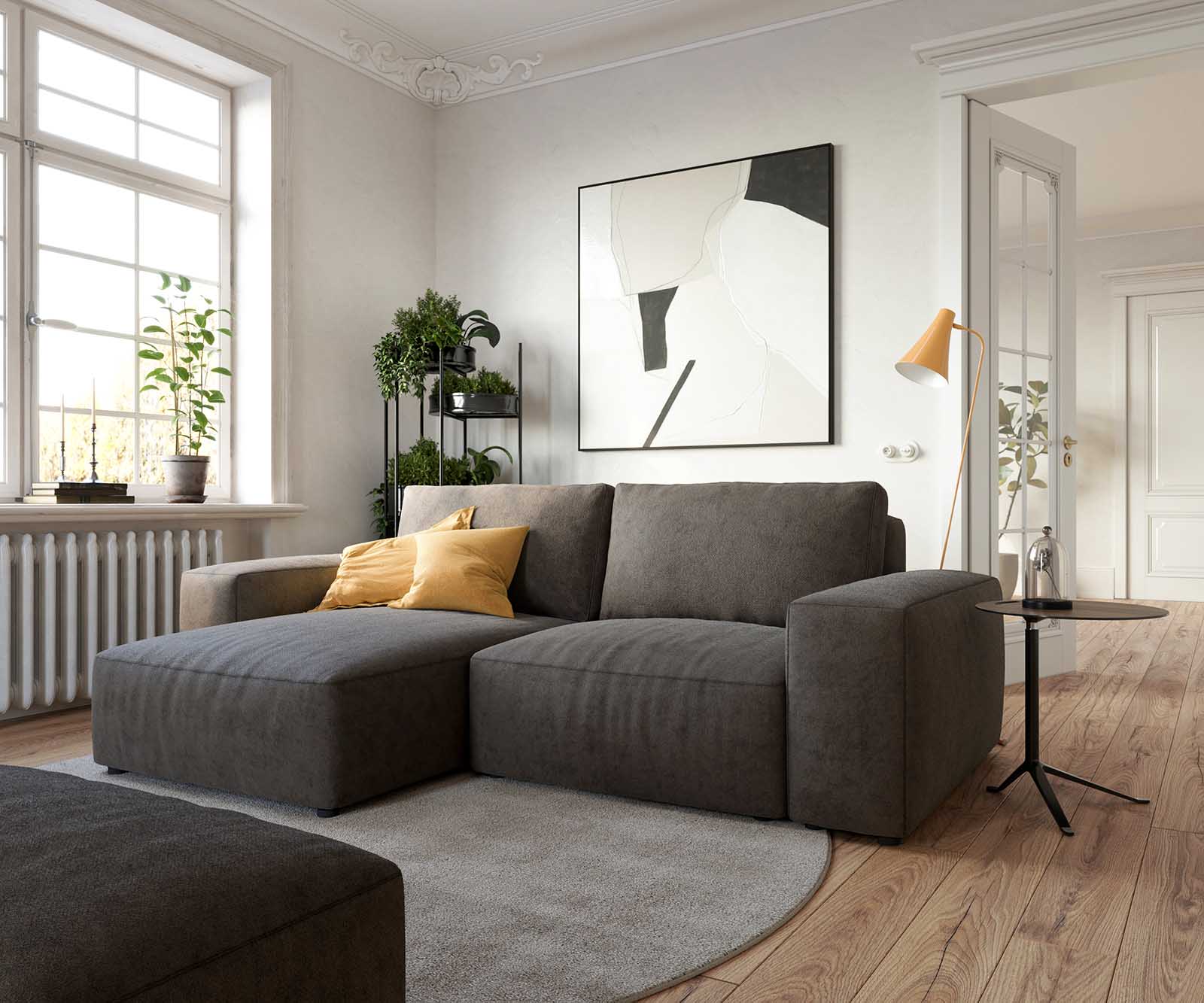 Hoeksofa Lanzo 230x155 cm microvezel khakibruin met variabele recamière en hocker