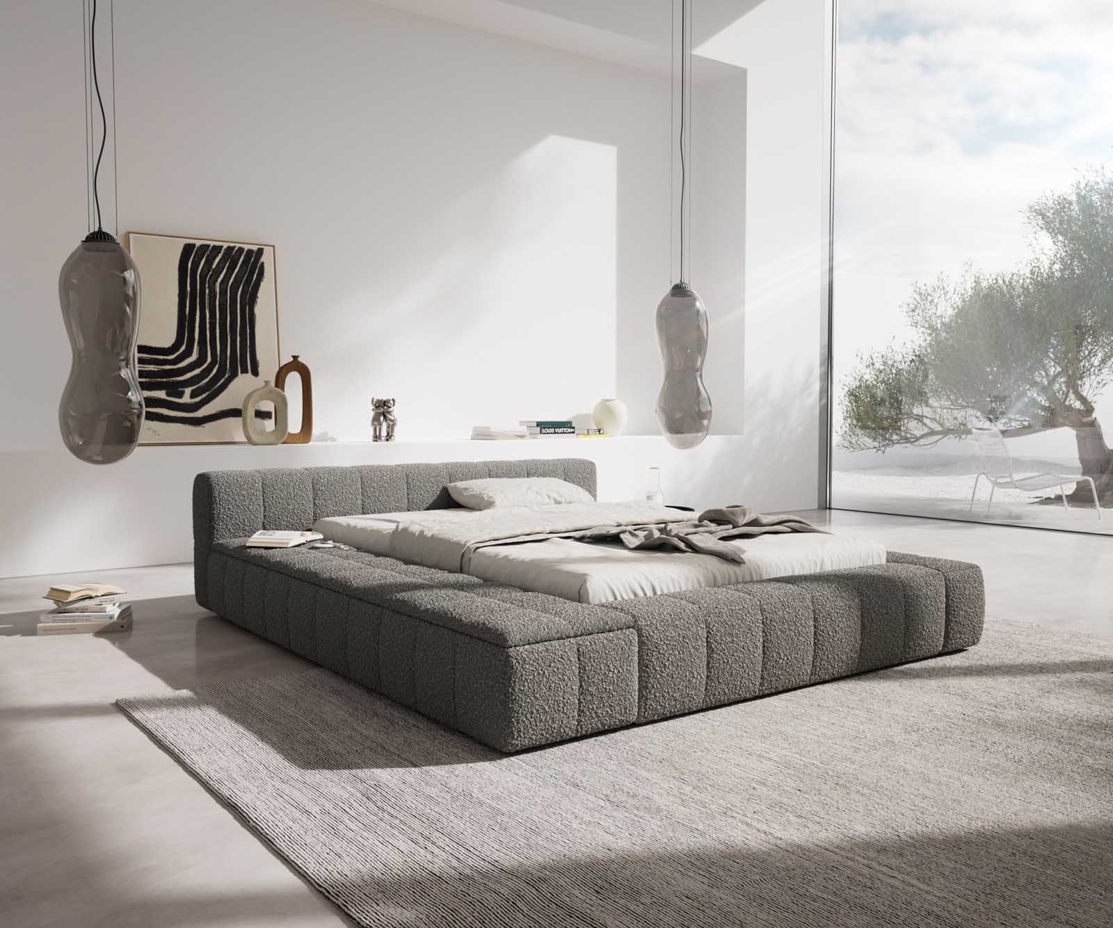 Gestoffeerd bed Espazio Bouclé 140x200 cm zilvergrijs met opbergruimte
