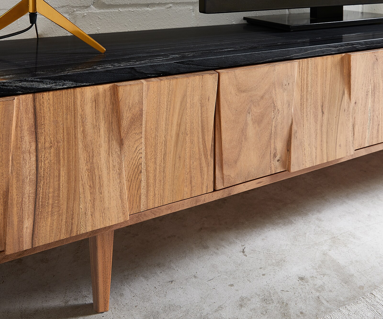 Tv-meubel Shia 200cm natuur acacia marmer zwart 4 deuren 5
