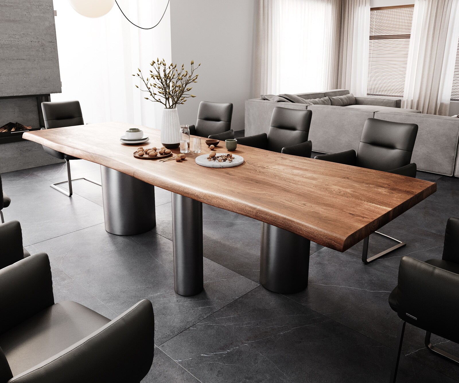 Eetkamertafel Edge 300x100 XL acacia bruin Troa roestvrij staal grafiet Live-Edge