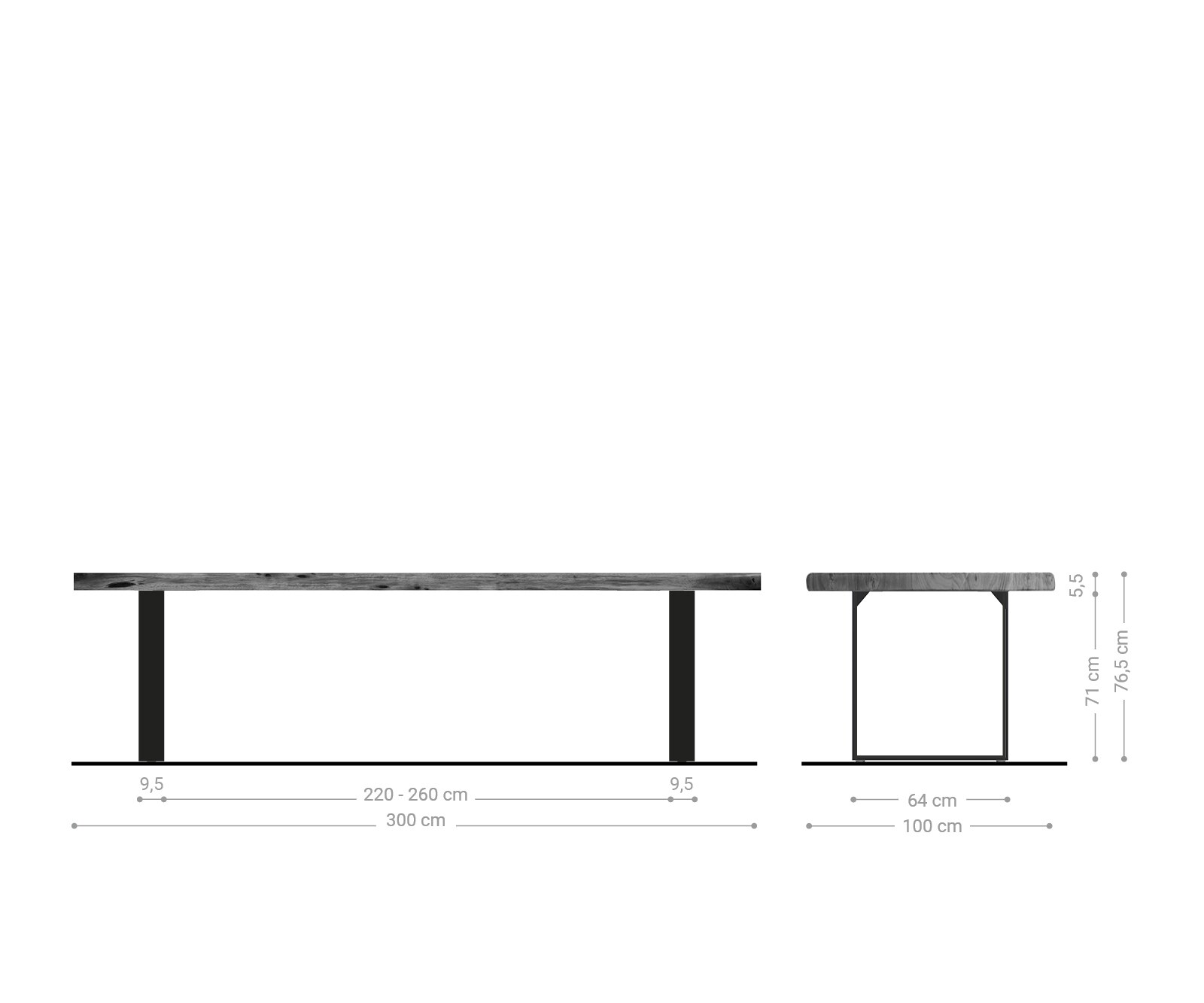 Eettafel Edge 300x100 XL acacia bruin roestvrijstaal smal Live-Edge 5