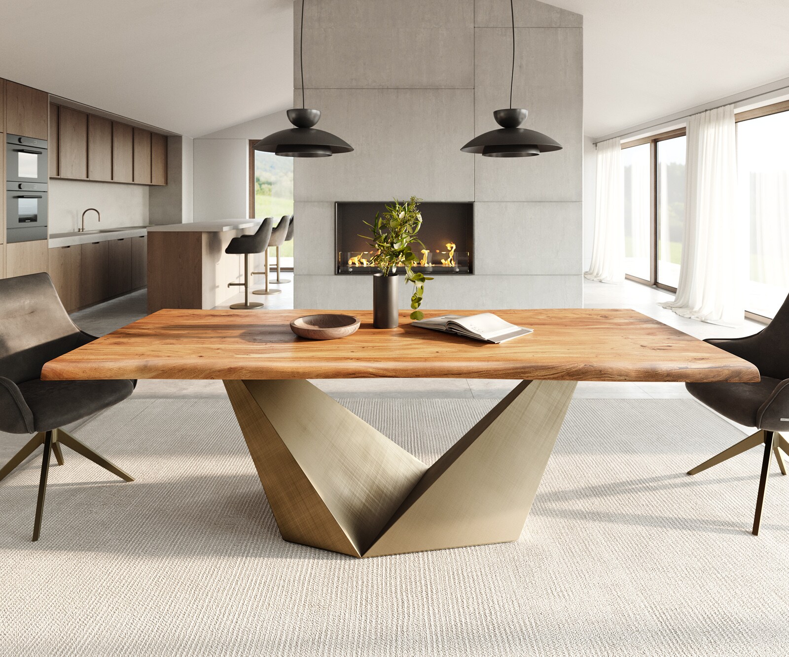 Eettafel Edge 240x100 acacia natuur Prisma metaal goud Live-Edge 2