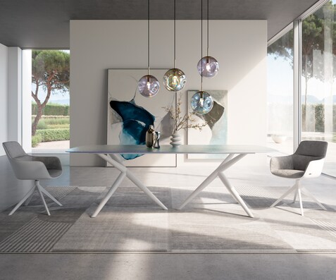 Eettafel Edge Boot 240x120 Reliefglas Perlmutt 3D-Design Estelar rond metaal wit