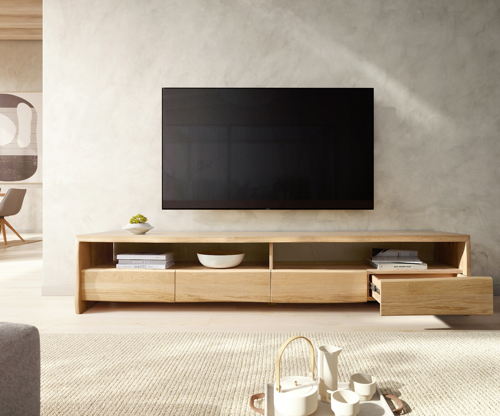 Tv-meubel Live-Edge 230 cm natuur eik 4 laden massief boomrand 3 Tv-meubel Live-Edge 230 cm natuur eik 4 laden massief boomrand 3