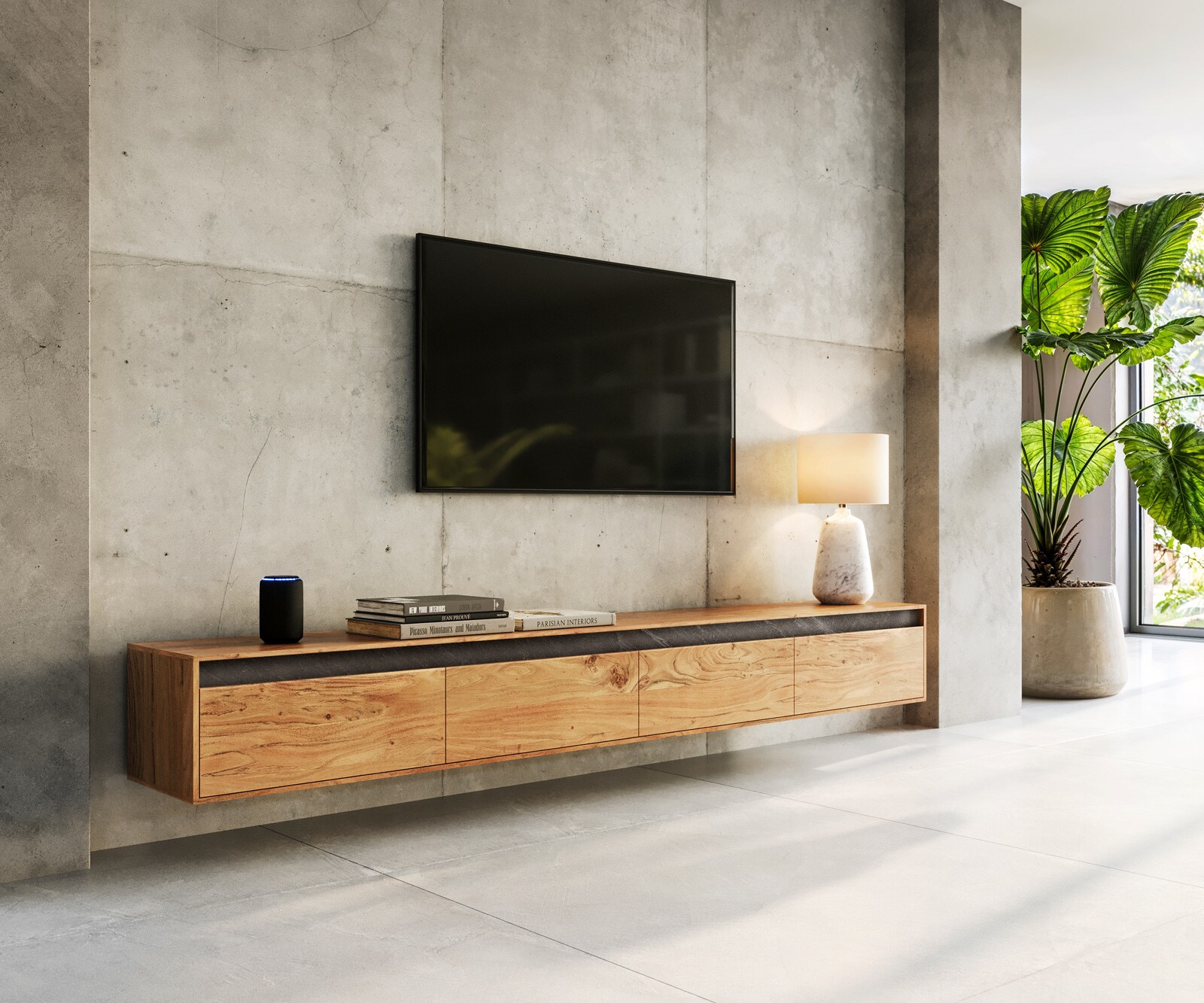 Tv-meubel Stonegrace 240 cm acacia natuur 4 deuren zwevend