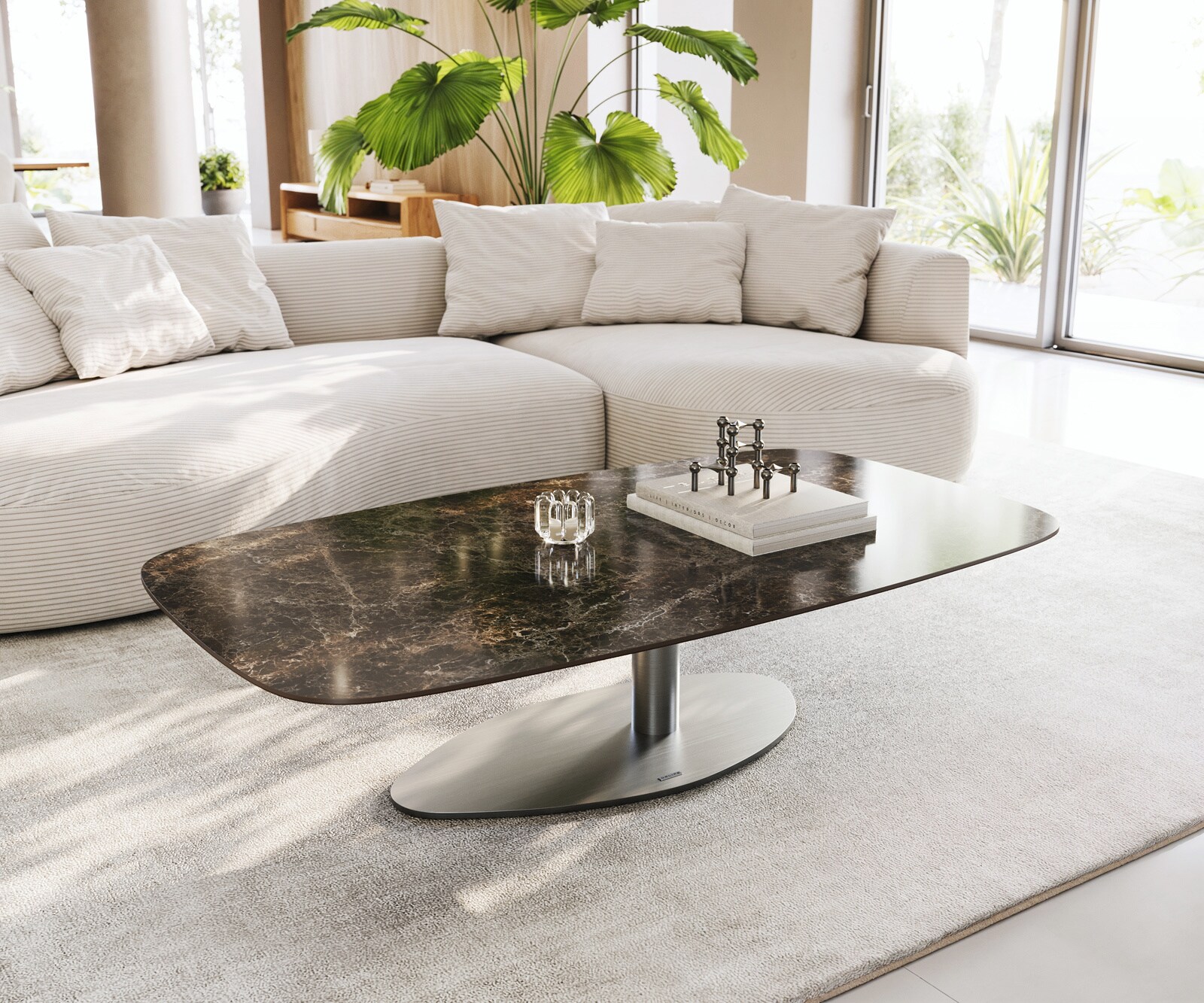Salontafel Edge Boot 140x80 cm keramiek Laminam® Emperador Extra Lucidato donkerbruin Vibany geborsteld roestvrij staal 1
