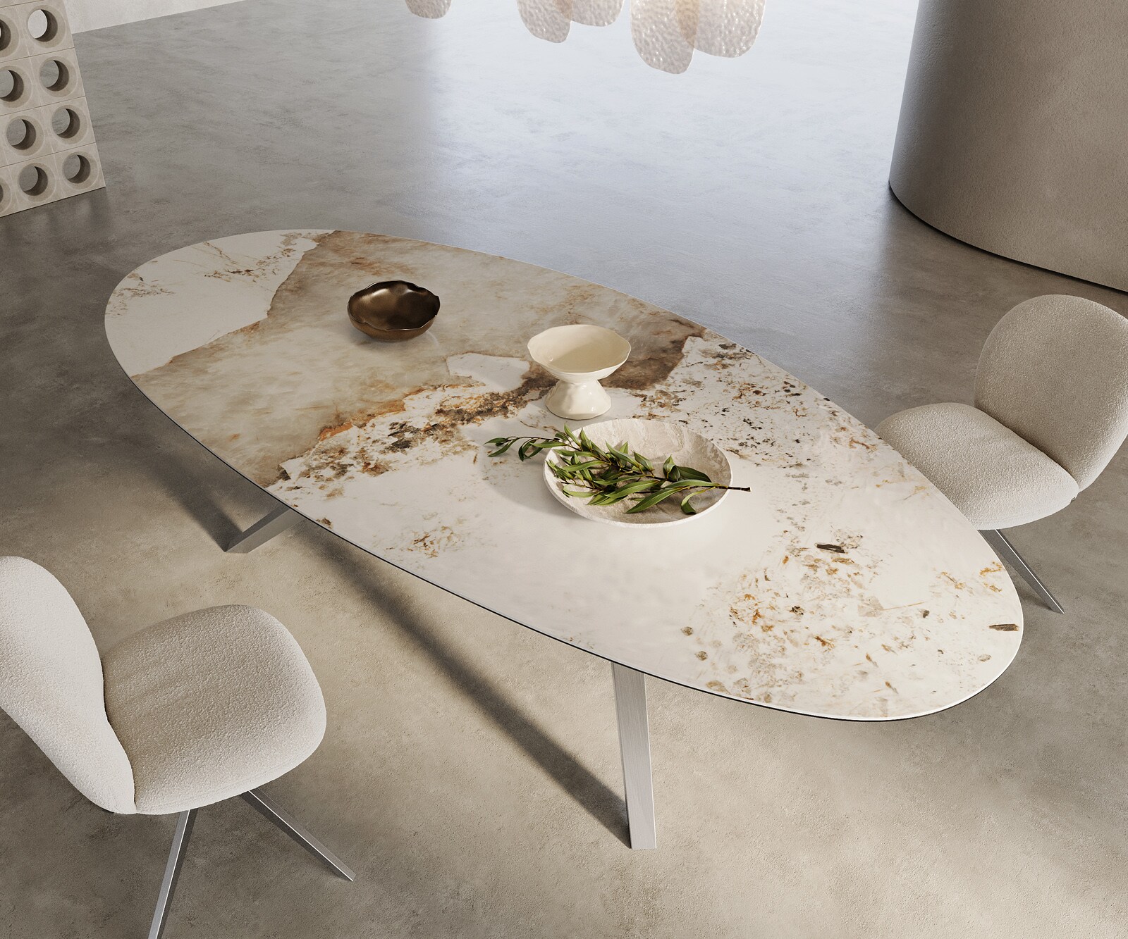 Eetkamertafel Edge ovaal 280x130 keramiek Minas Melange wit-Beige Zenthara hoekig roestvrij staal 1