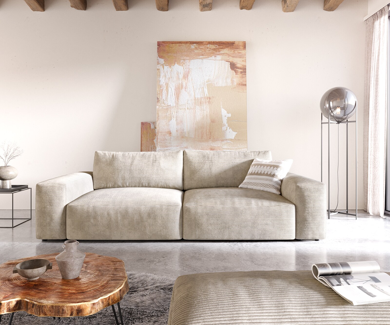 Big-sofa Lanzo XL 270x130 cm corduroy beige met poef 1 Big-sofa Lanzo XL 270x130 cm corduroy beige met poef 1