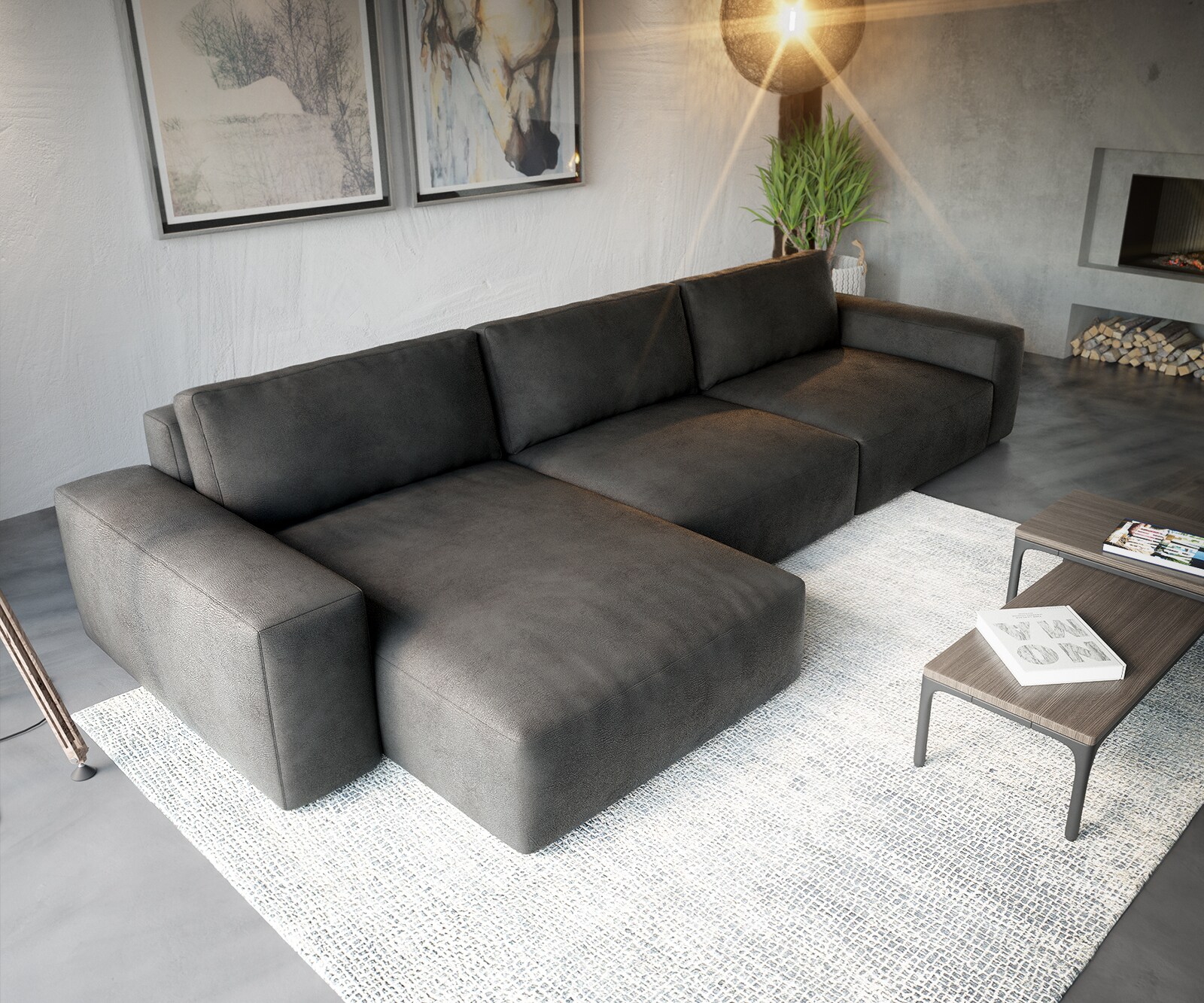 Hoekbank Lanzo XL kunstleer vintage antraciet 380x180 cm variabele rugleuning 3