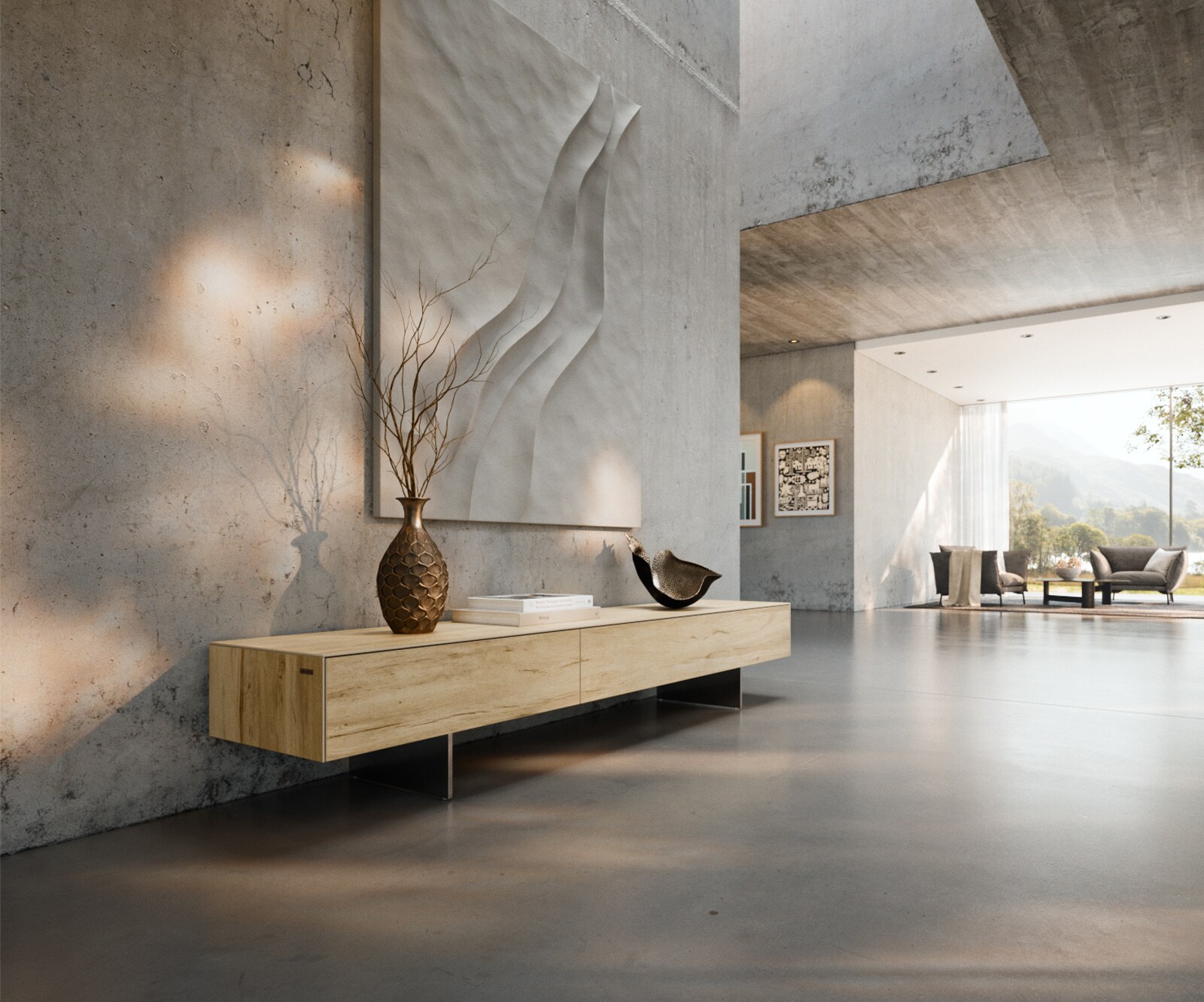 Tv-meubel Cuor 200 cm Keramiek Laminam® Sabbia Eiken gekleurd 1 Flap 1 Lade Zwevende voet look Roestvrij staal