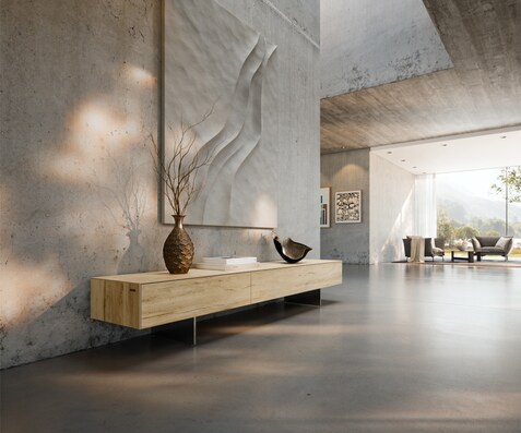 Tv-meubel Cuor 200 cm Keramiek Laminam® Sabbia Eiken gekleurd 1 Flap 1 Lade Zwevende voet look Roestvrij staal