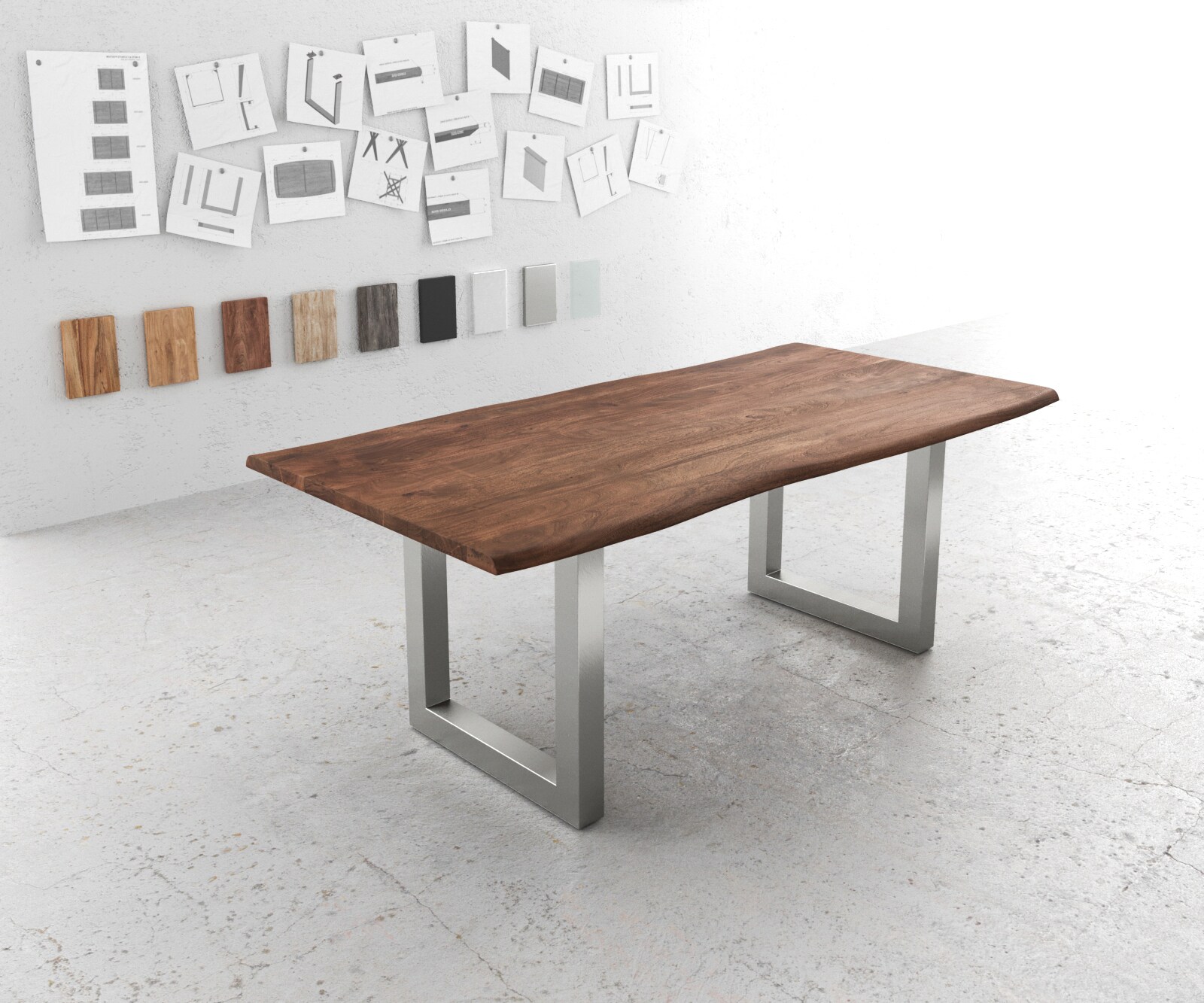 Eettafel Edge 200x100 acacia bruin roestvrijstaal breed Live-Edge