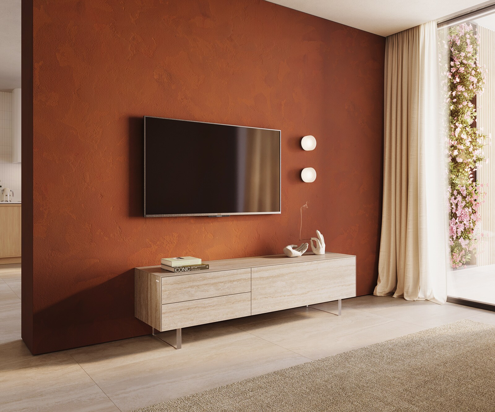 Tv-meubel Cuor 180 cm Keramiek Laminam® Travertino Bianco Crème-wit 1 Flap 2 Laden Zwevende voet look Acrylglas 1