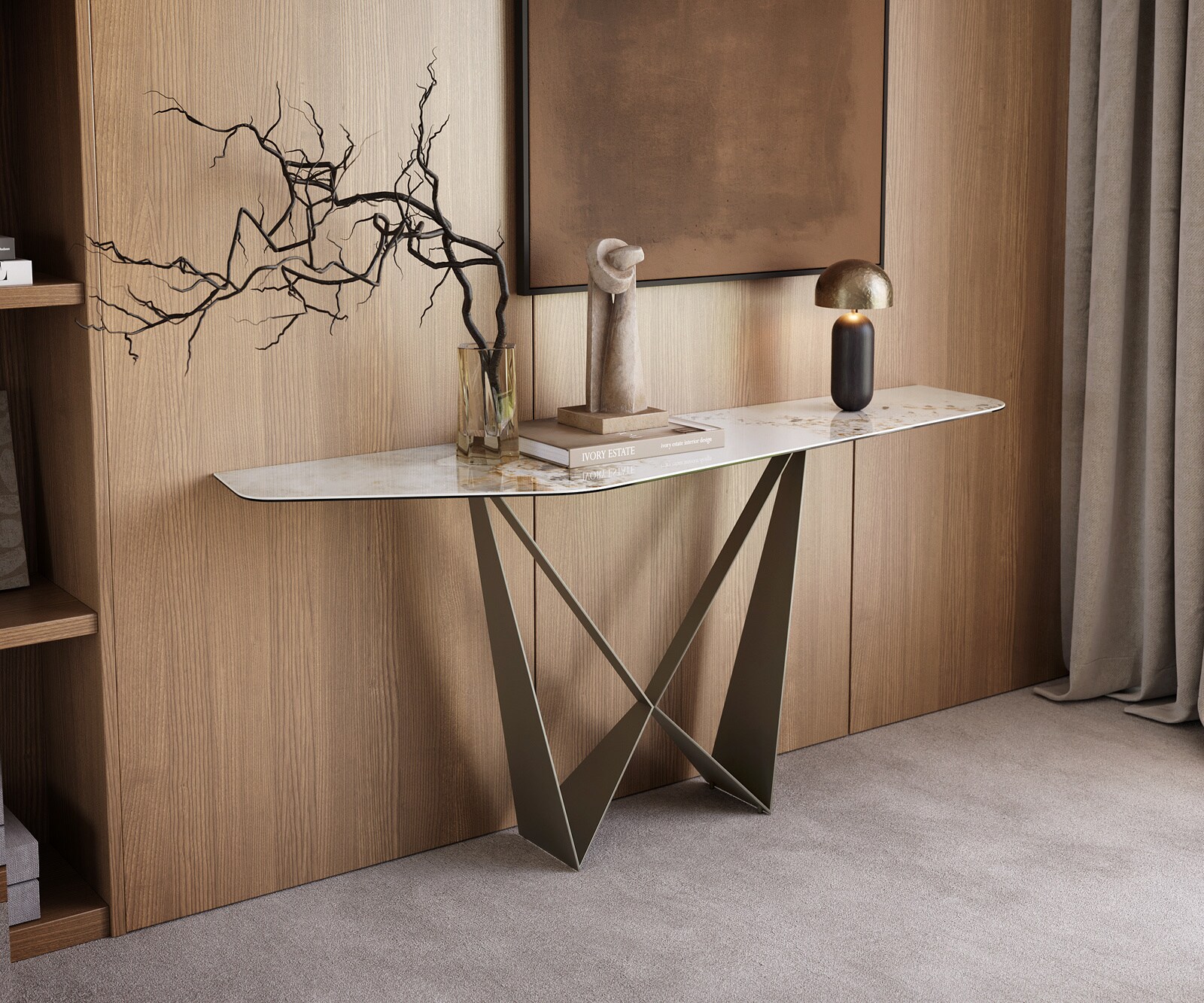 Consoletafel Edge Polygonaal 180x50 cm Keramiek Minas Melange Weiß-Beige Spios Metaal Effektfinish Titan 1