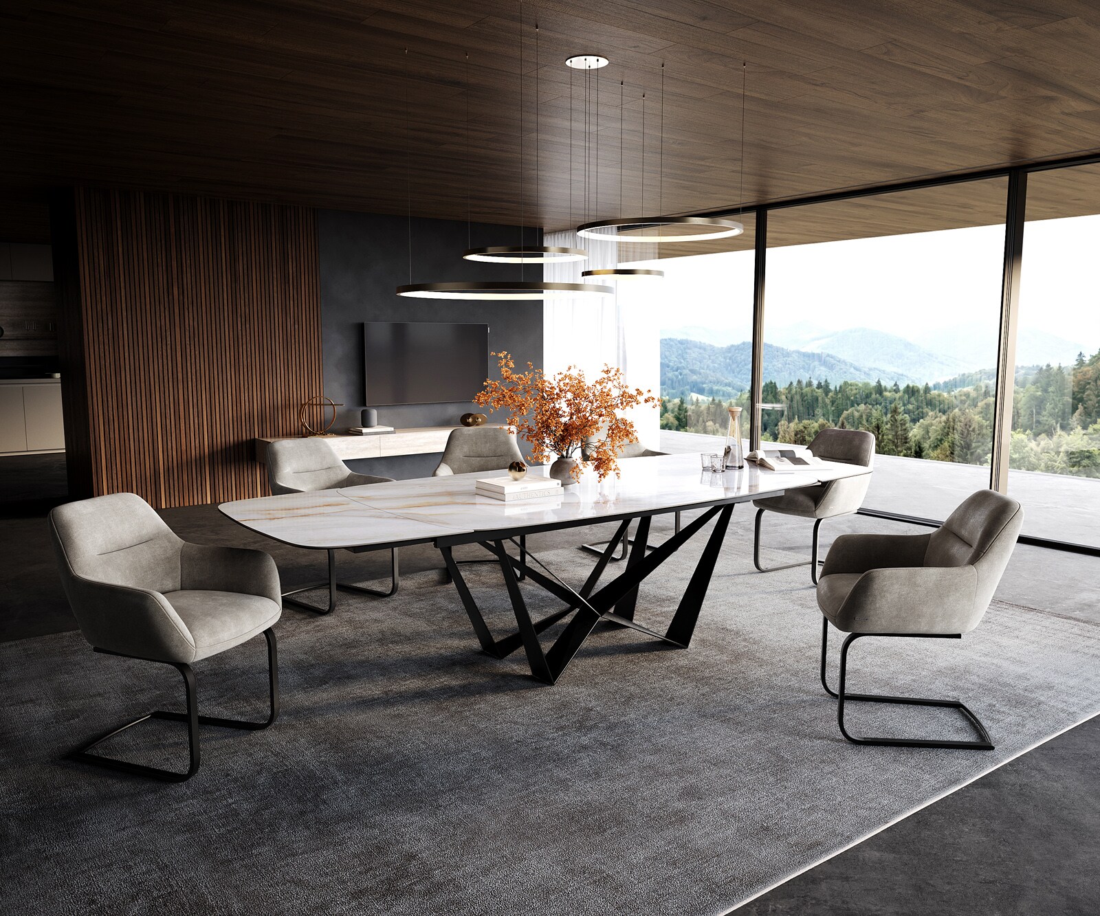 Eettafel Edge bootvorm 200-300x120 cm keramiek Onyx Pearl Spider platstaal zwart uitschuifbaar 6