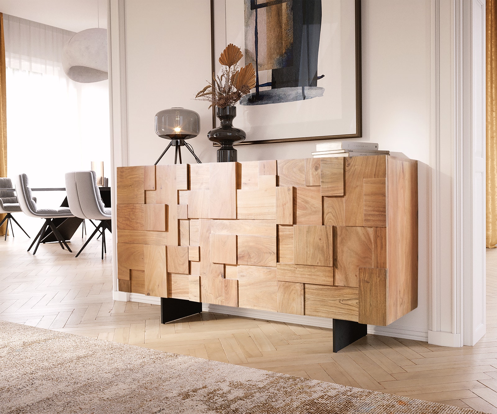 Dressoir Puzzle 145 cm natuur acacia Onderstel zwevend metaal zwart Dressoir Puzzle 145 cm natuur acacia Onderstel zwevend metaal zwart