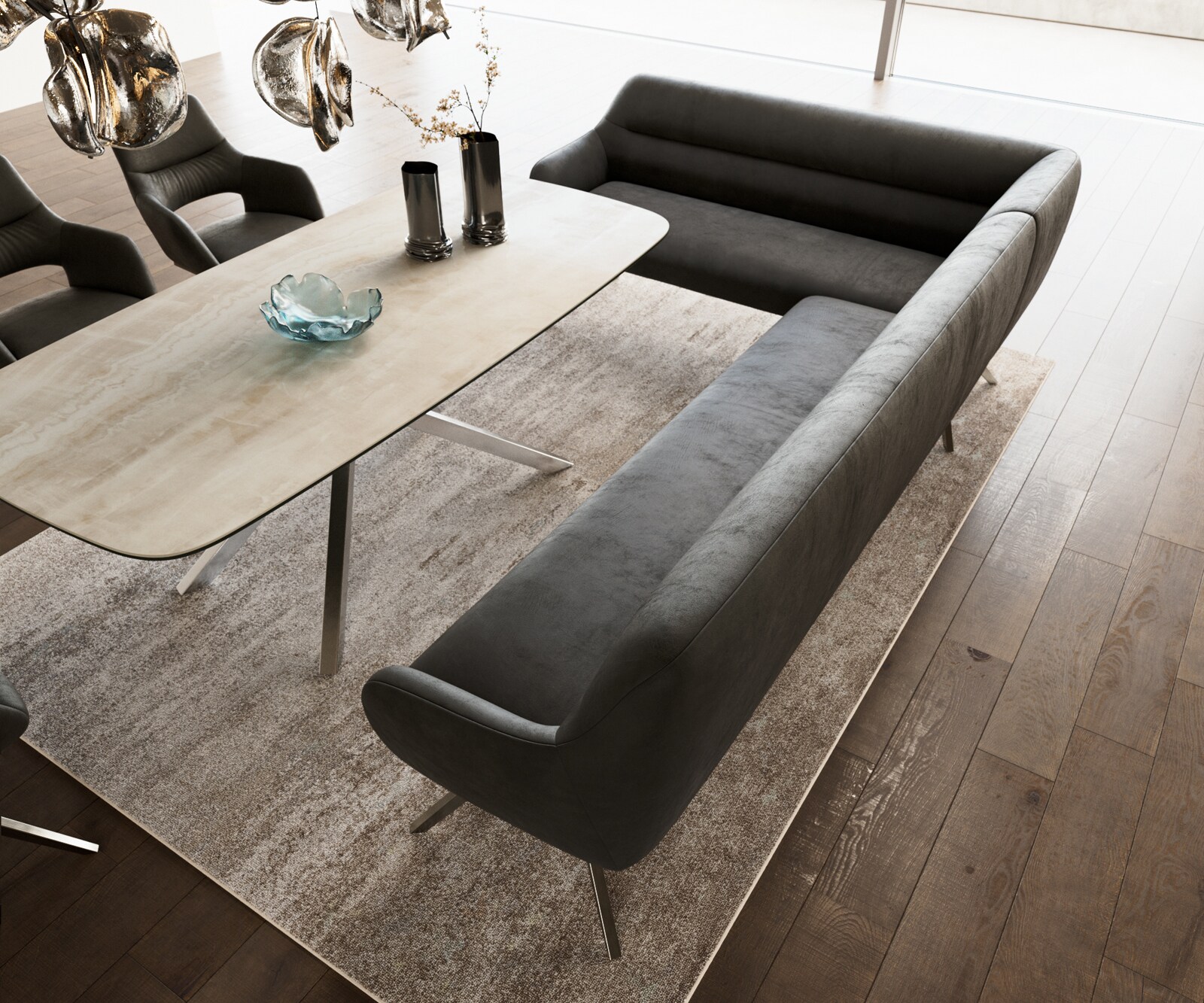 Eetkamerbank Taya-Flex 285x190 cm microvelours anthraciet vintage hoekig kruisframe roestvrij staal pocketvering rechts 4